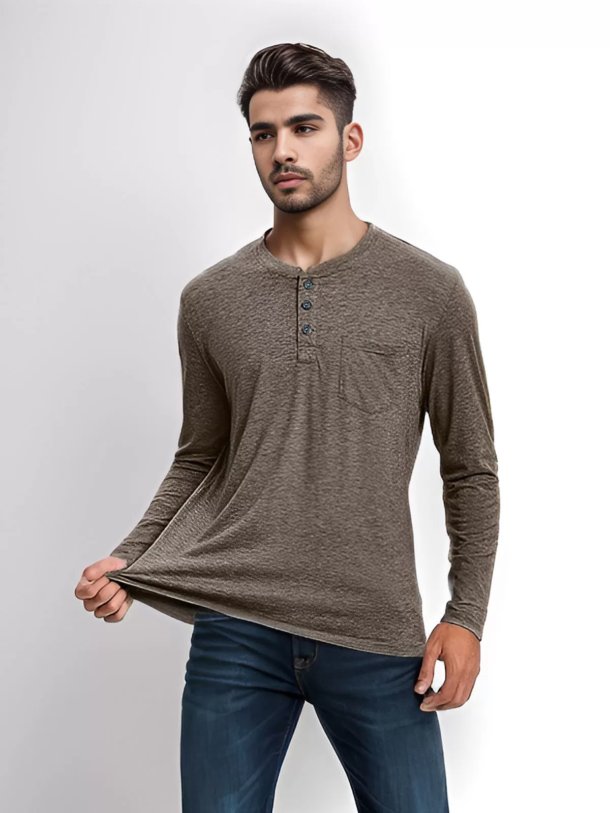 Solid Button Round Neck Long Sleeve Henley Shirt, 6 of 6
