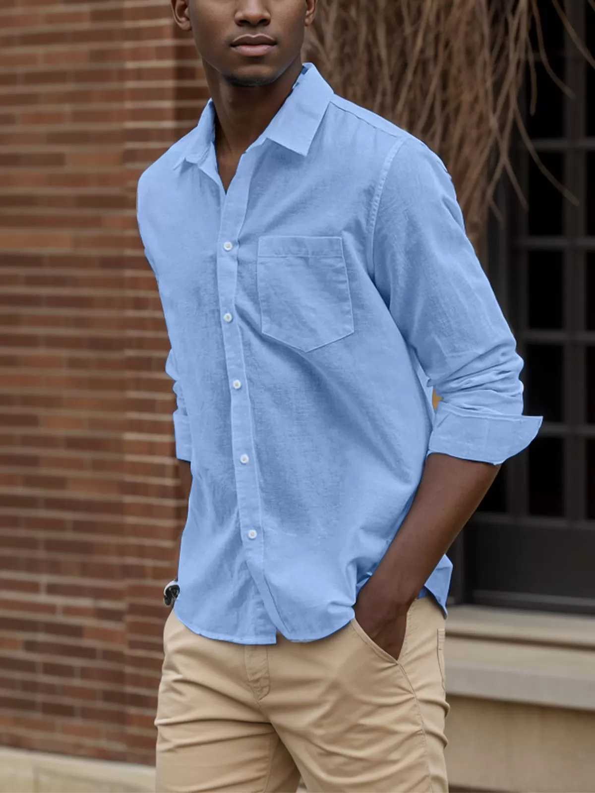 Solid Lapel Long Sleeve Cotton Shirt, 4 of 5