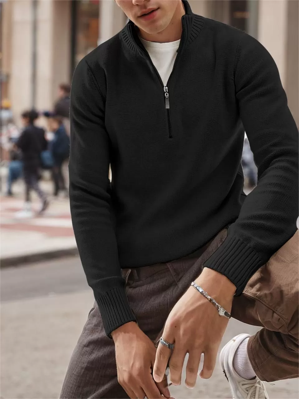 Solid Mock Turtleneck Long Sleeve Knitted Sweater, 4 of 4