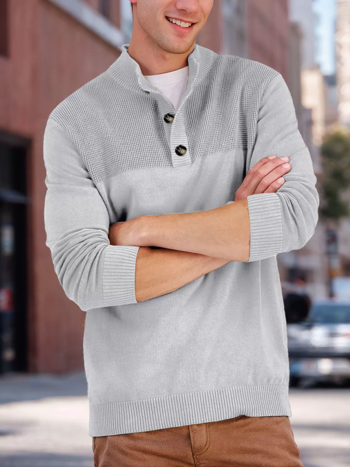 Solid Button Mock Turtleneck Long Sleeve Shirt, 3 of 5