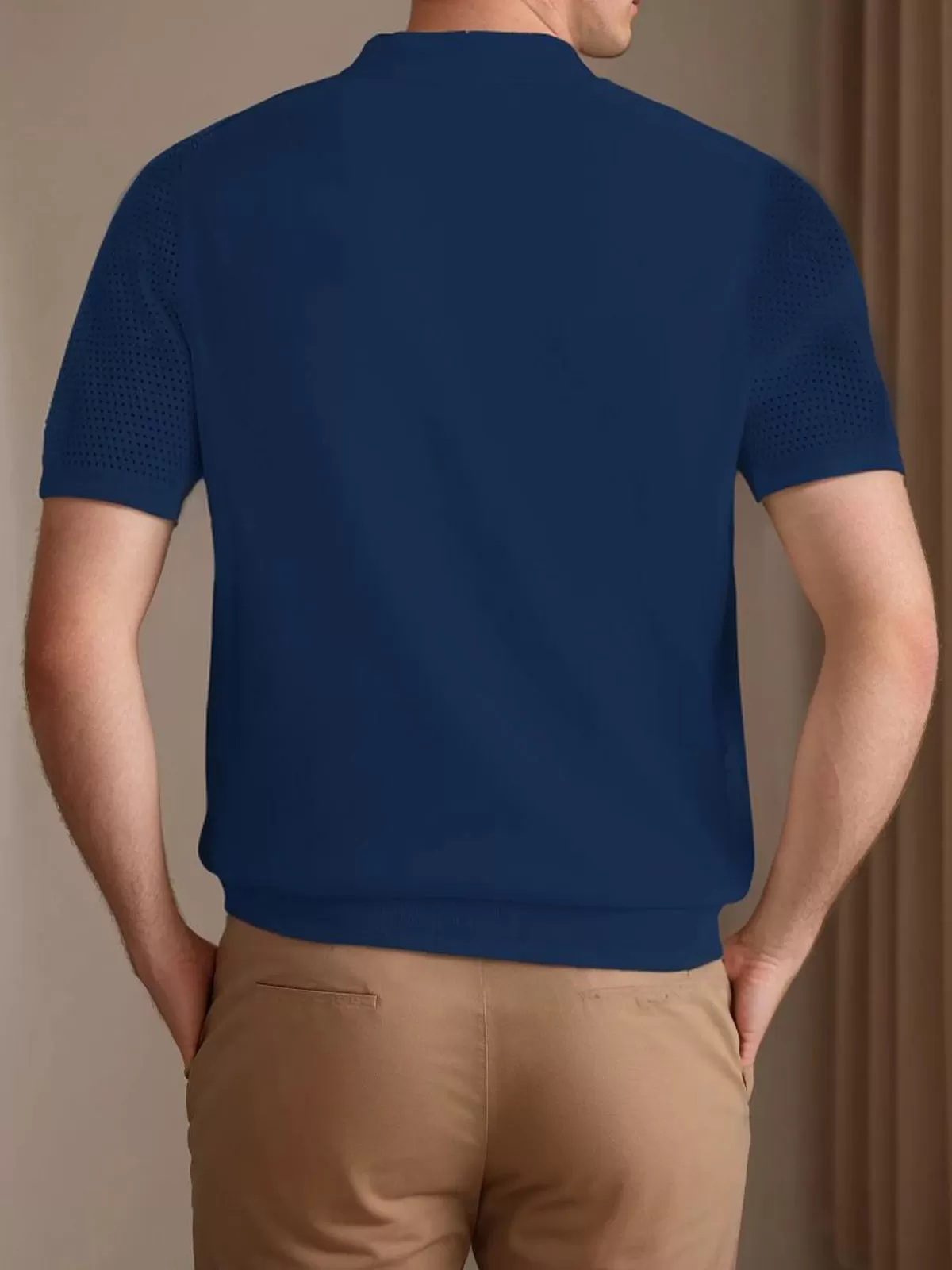 Solid Lapel Short Sleeve Crocheted Zip Polo Shirt, 2 of 4