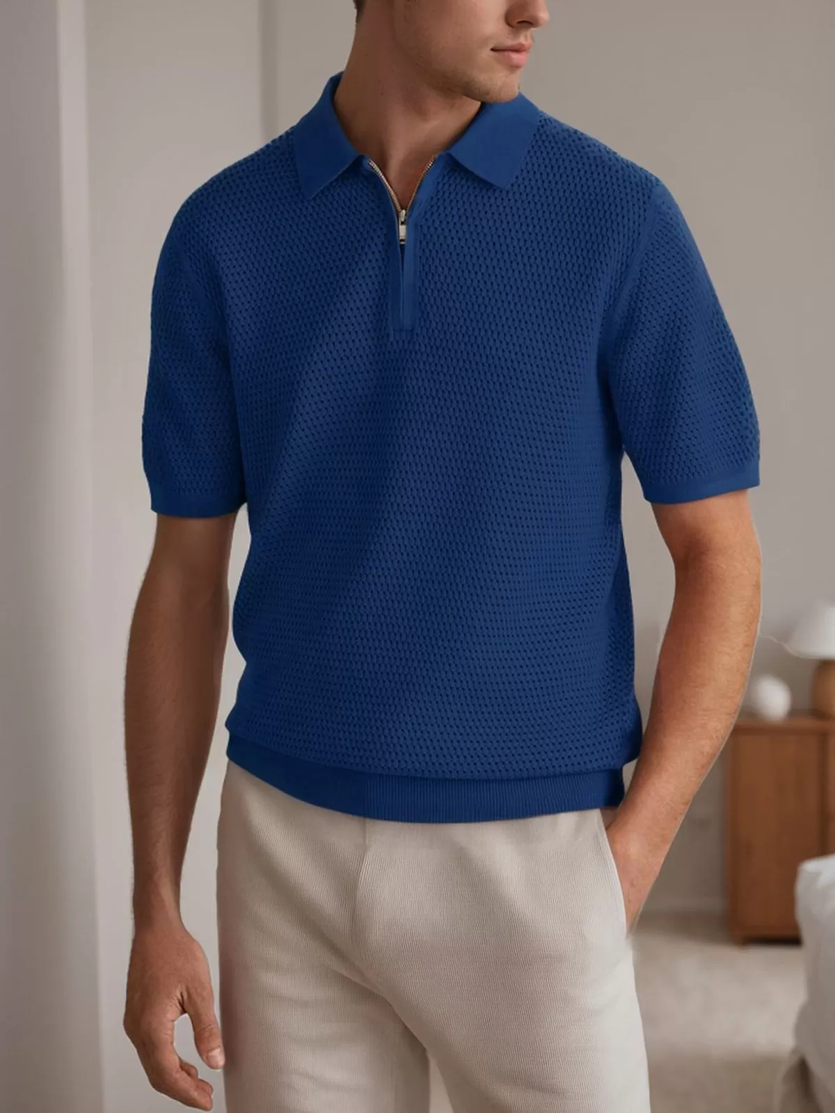 Solid Lapel Short Sleeve Crocheted Zip Polo Shirt, 4 of 4