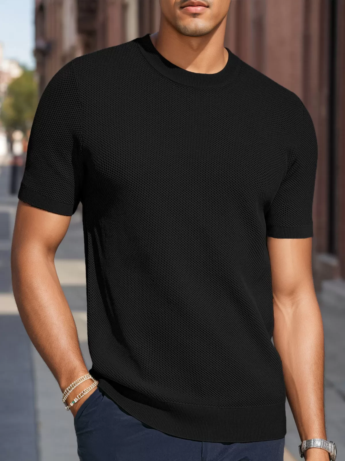 Solid Round Neck Short Sleeve T-shirt, 5 of 5
