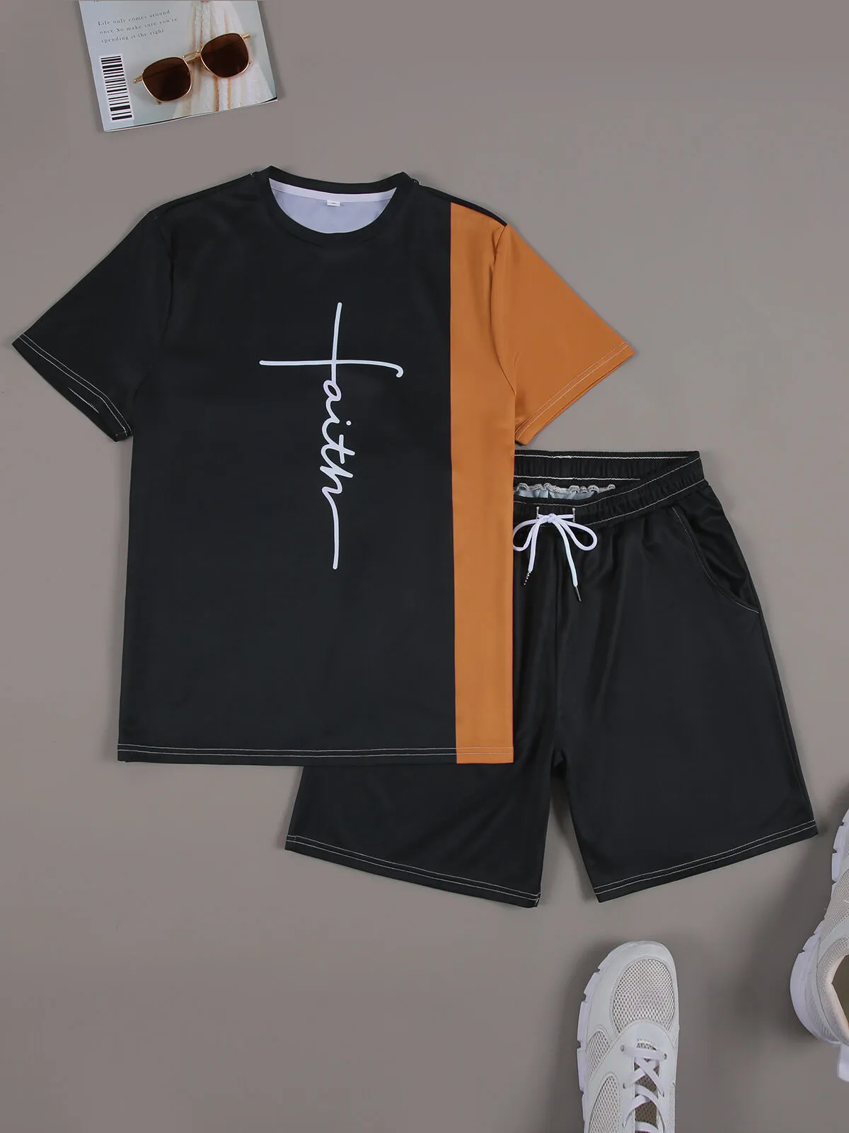 Colorblock Regular Short Sleeves T-shirt & Colorblock Drawstring Waist Shorts, 2 of 9