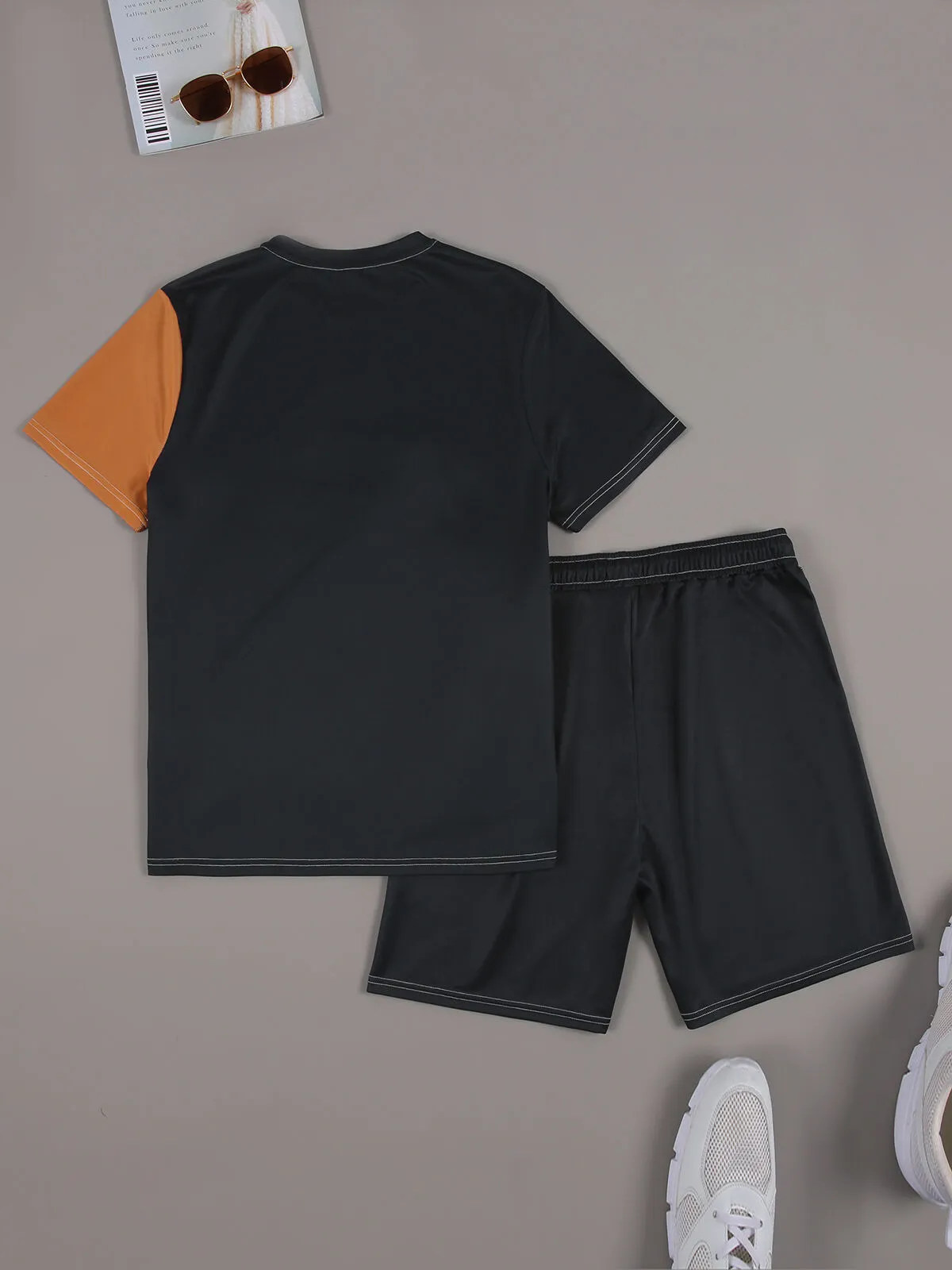 Colorblock Regular Short Sleeves T-shirt & Colorblock Drawstring Waist Shorts, 3 of 9