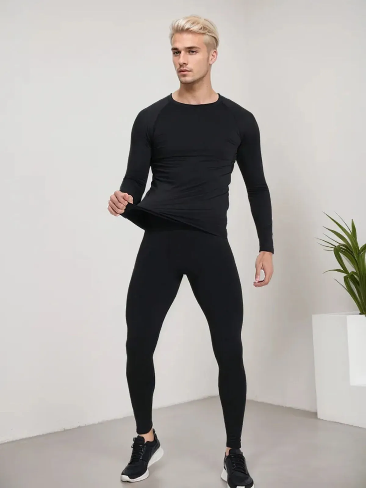 Solid Regular Long Sleeve Tight-Fit T-shirt & Solid Tight-Fit Pants, 2 of 3