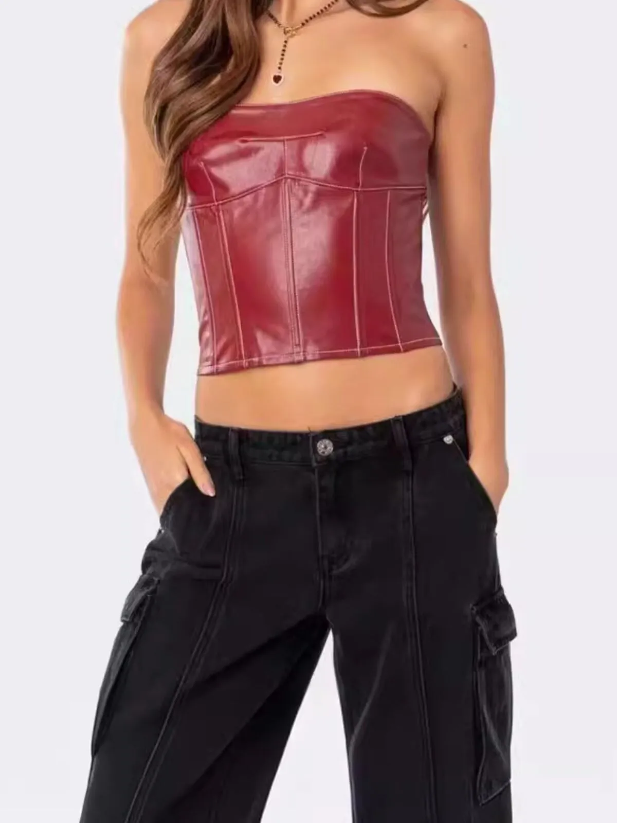 Solid Strapless Leather Crop Top, 3 of 5