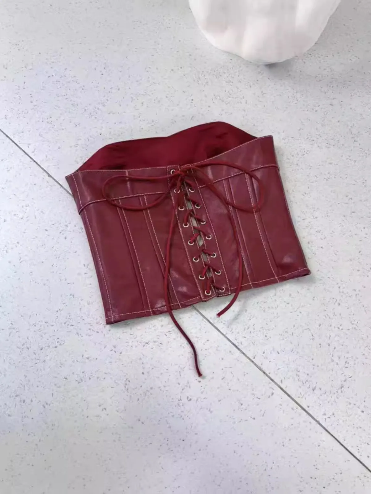 Solid Strapless Leather Crop Top, 5 of 5