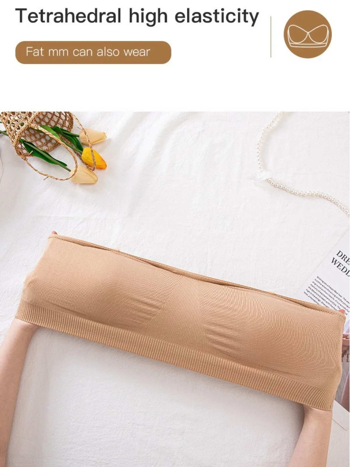 1pc Non-Slip Silicone Padded Strapless Wireless Tube Top Solid Rib-knit Bras, 10 of 12