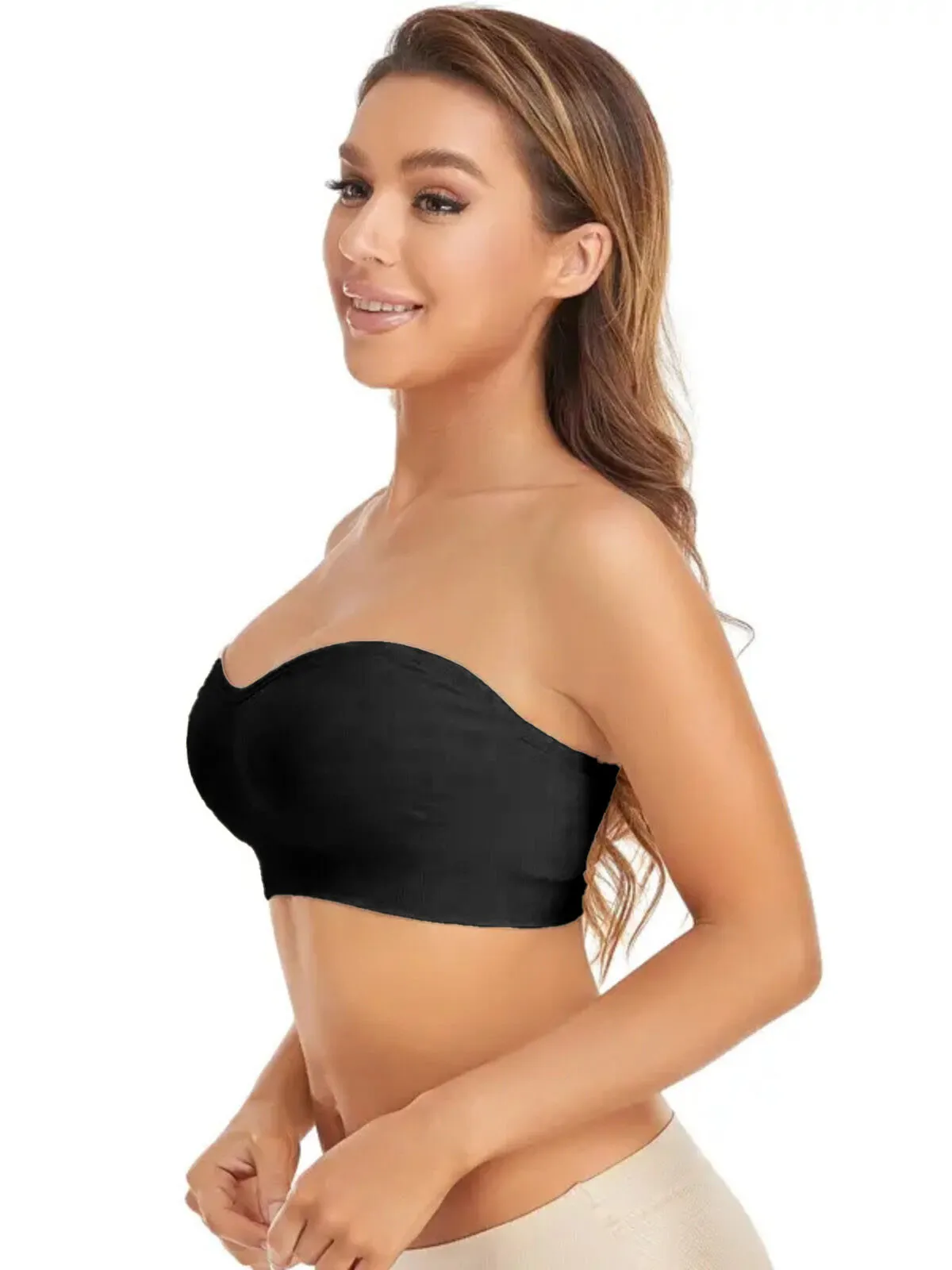 1pc Non-Slip Silicone Padded Strapless Wireless Tube Top Solid Rib-knit Bras, 3 of 12
