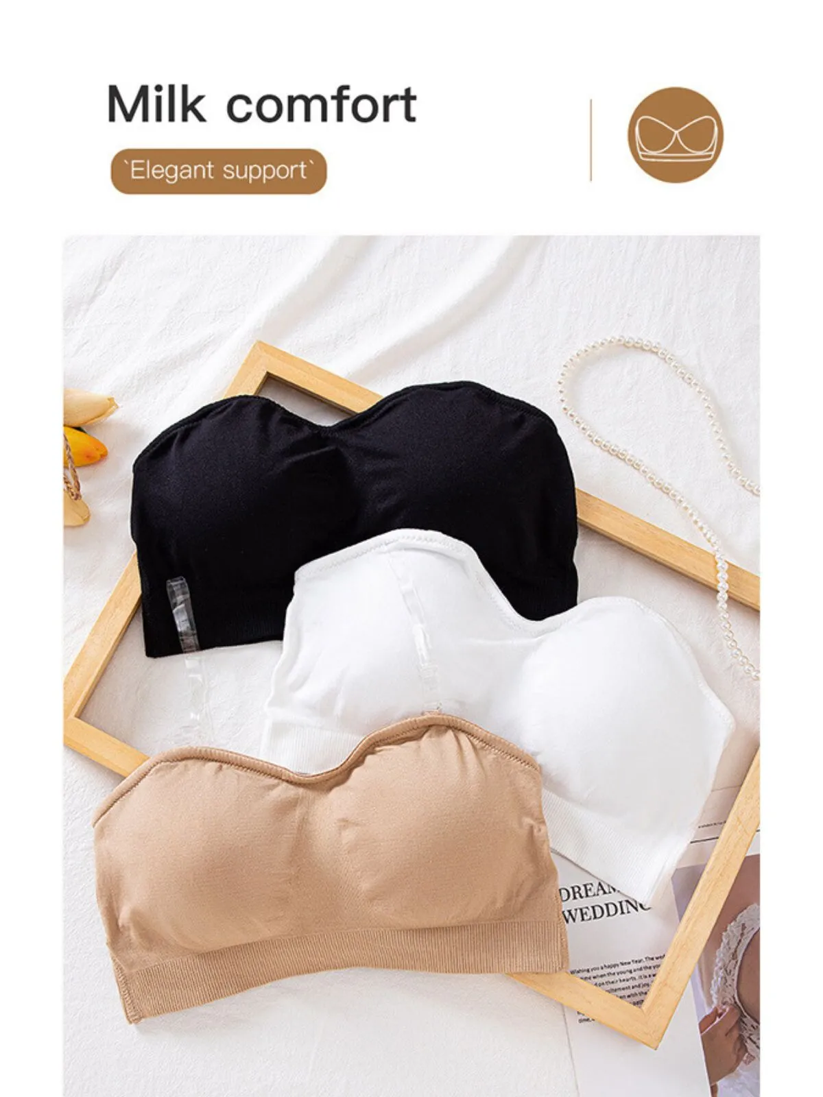 1pc Non-Slip Silicone Padded Strapless Wireless Tube Top Solid Rib-knit Bras, 7 of 12