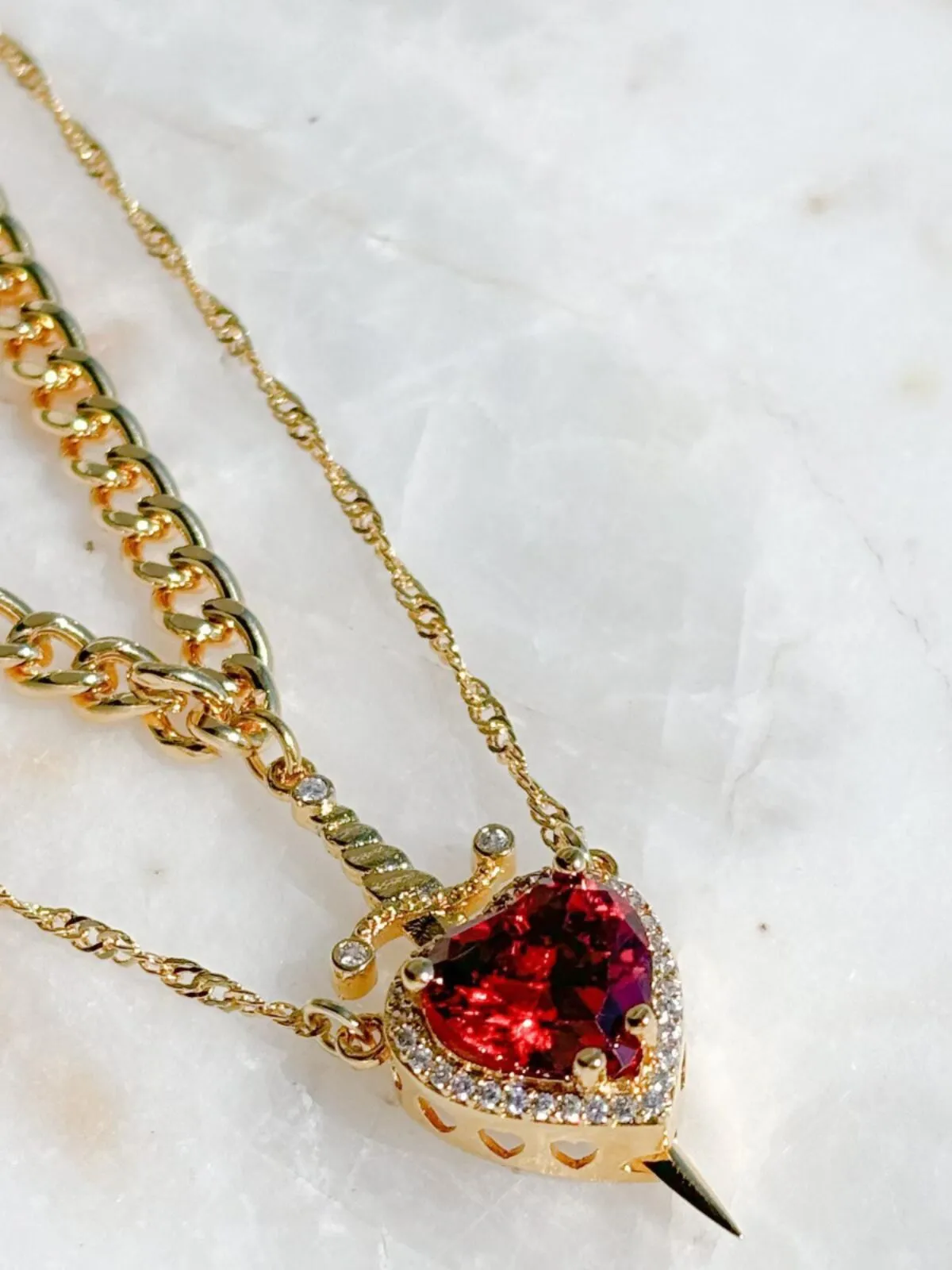 1pc Zirconia Dagger Cross Pendant 14K Gold Plated Heart Pendant Necklaces for Women Men, 2 of 3