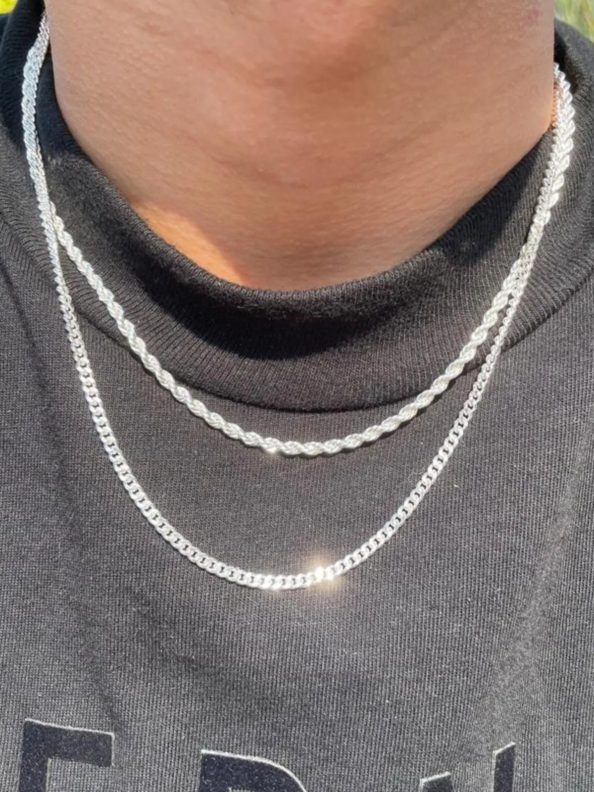 2pcs MEN Trendy 3mm Chain Layered Sterling Silver Cuban Link Rope Necklace , 1 of 8