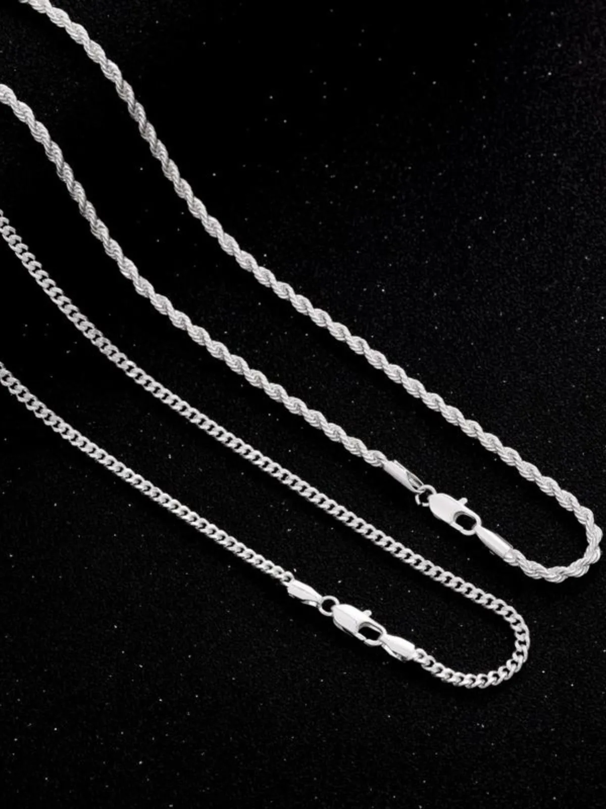 2pcs MEN Trendy 3mm Chain Layered Sterling Silver Cuban Link Rope Necklace , 2 of 8