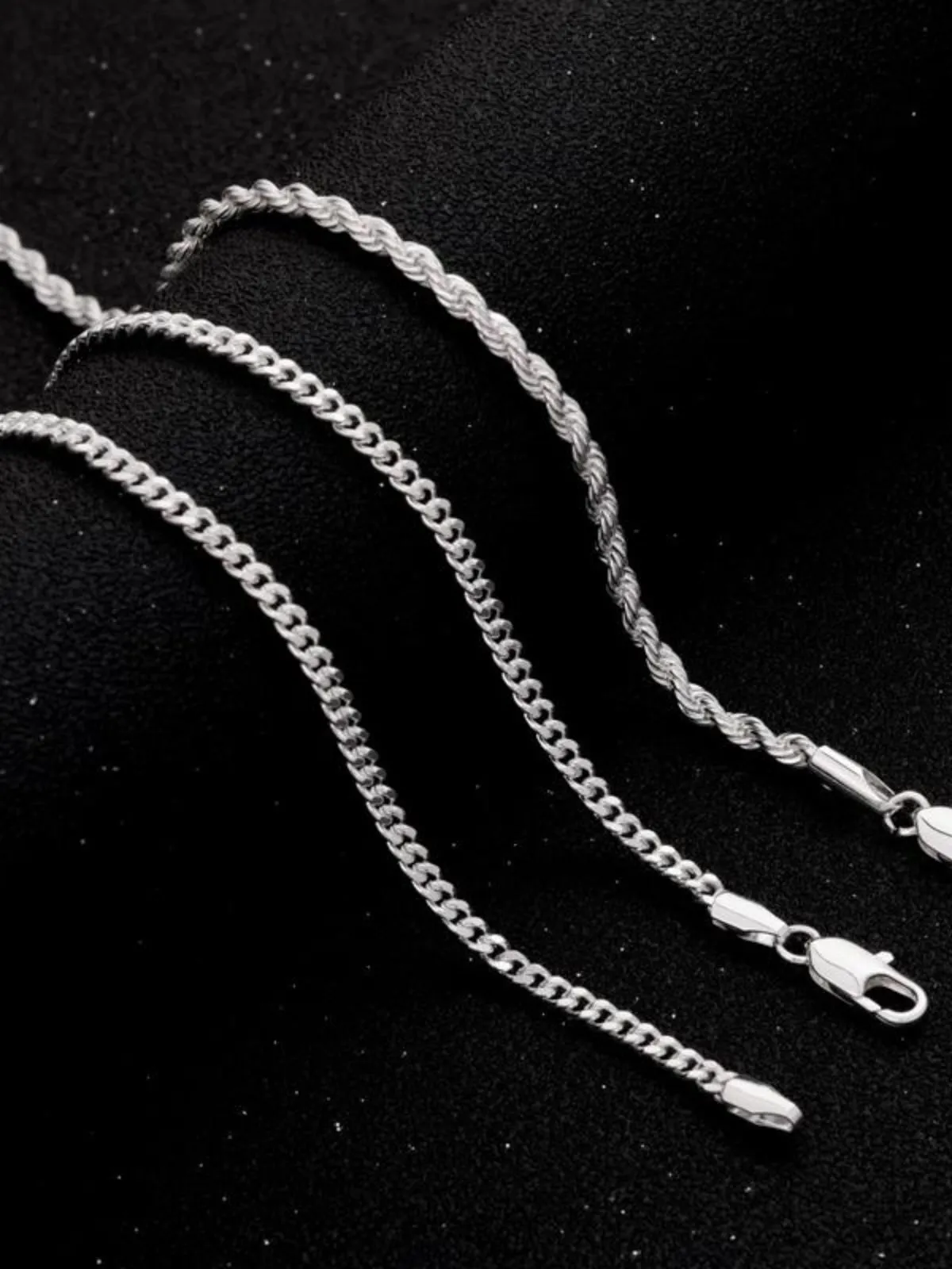 2pcs MEN Trendy 3mm Chain Layered Sterling Silver Cuban Link Rope Necklace , 3 of 8