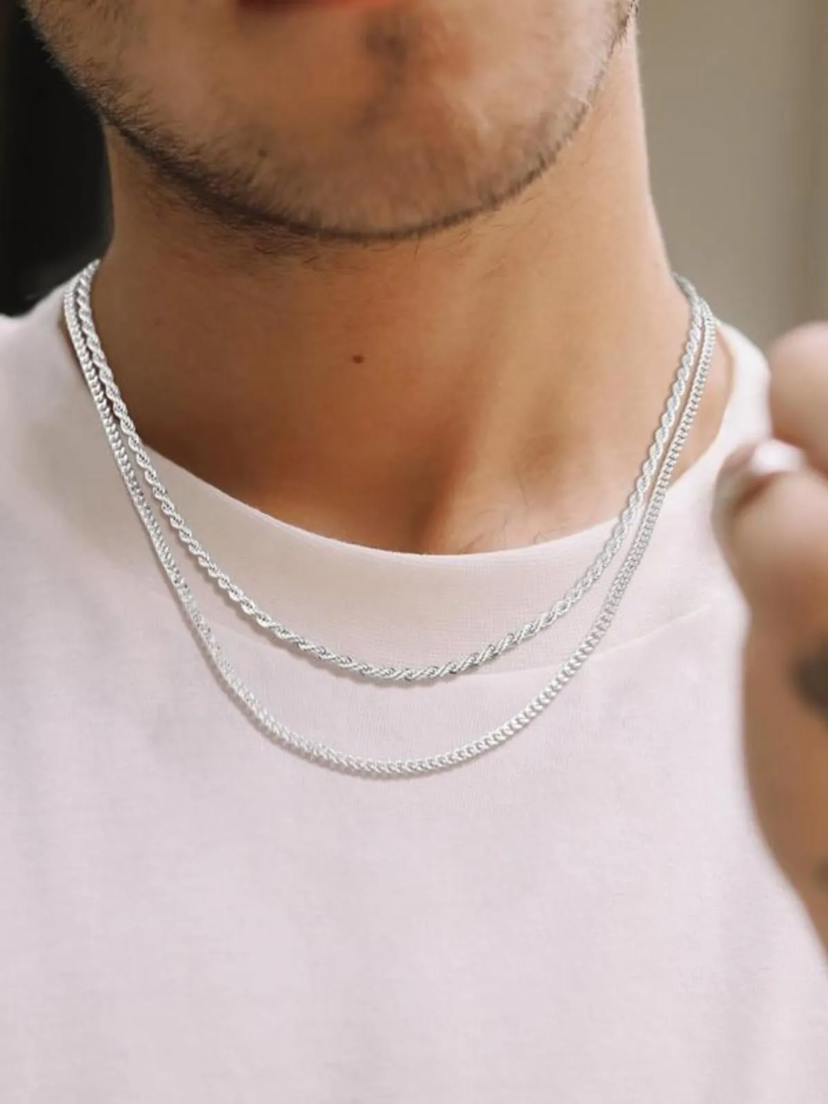 2pcs MEN Trendy 3mm Chain Layered Sterling Silver Cuban Link Rope Necklace , 4 of 8