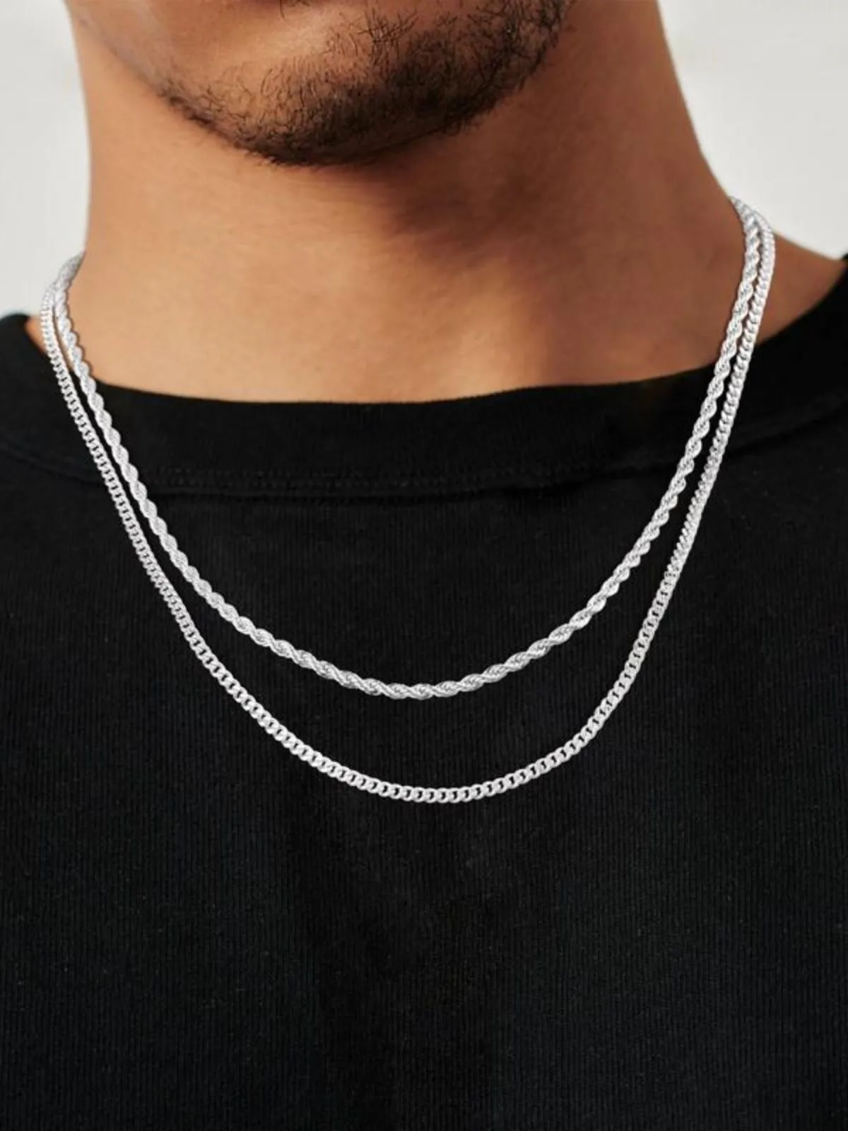 2pcs MEN Trendy 3mm Chain Layered Sterling Silver Cuban Link Rope Necklace , 5 of 8