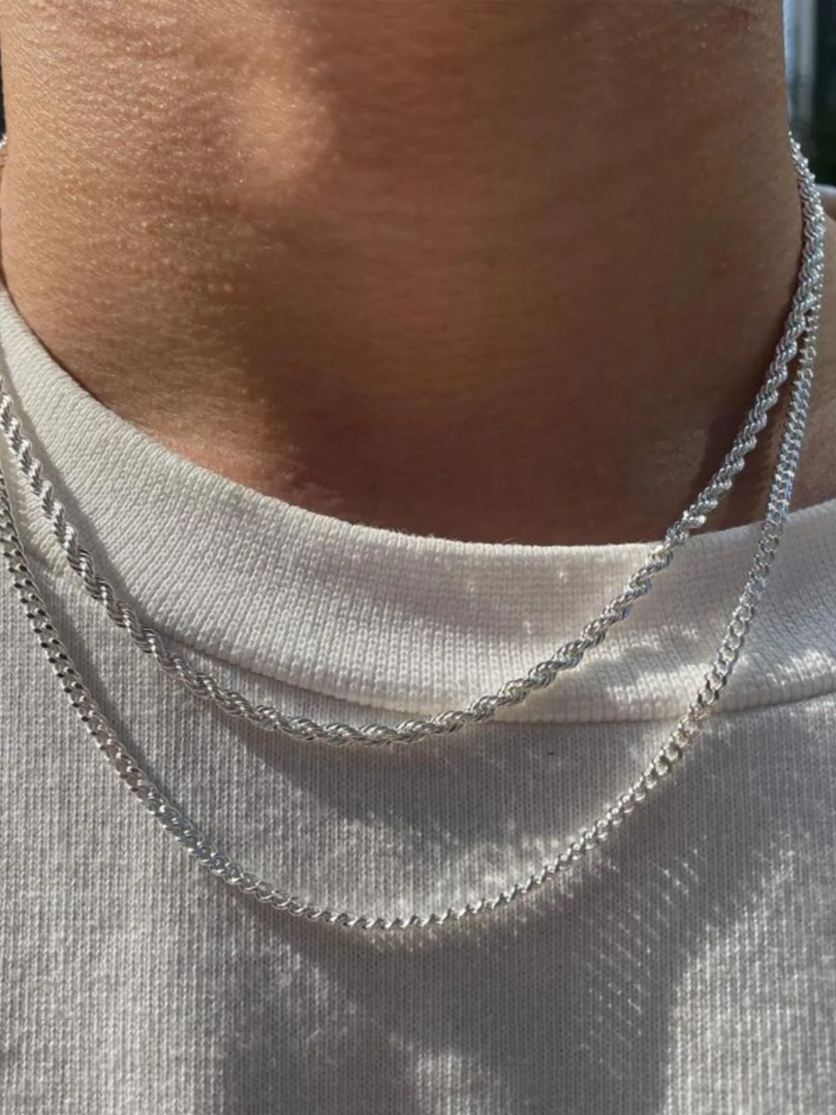 2pcs MEN Trendy 3mm Chain Layered Sterling Silver Cuban Link Rope Necklace , 6 of 8