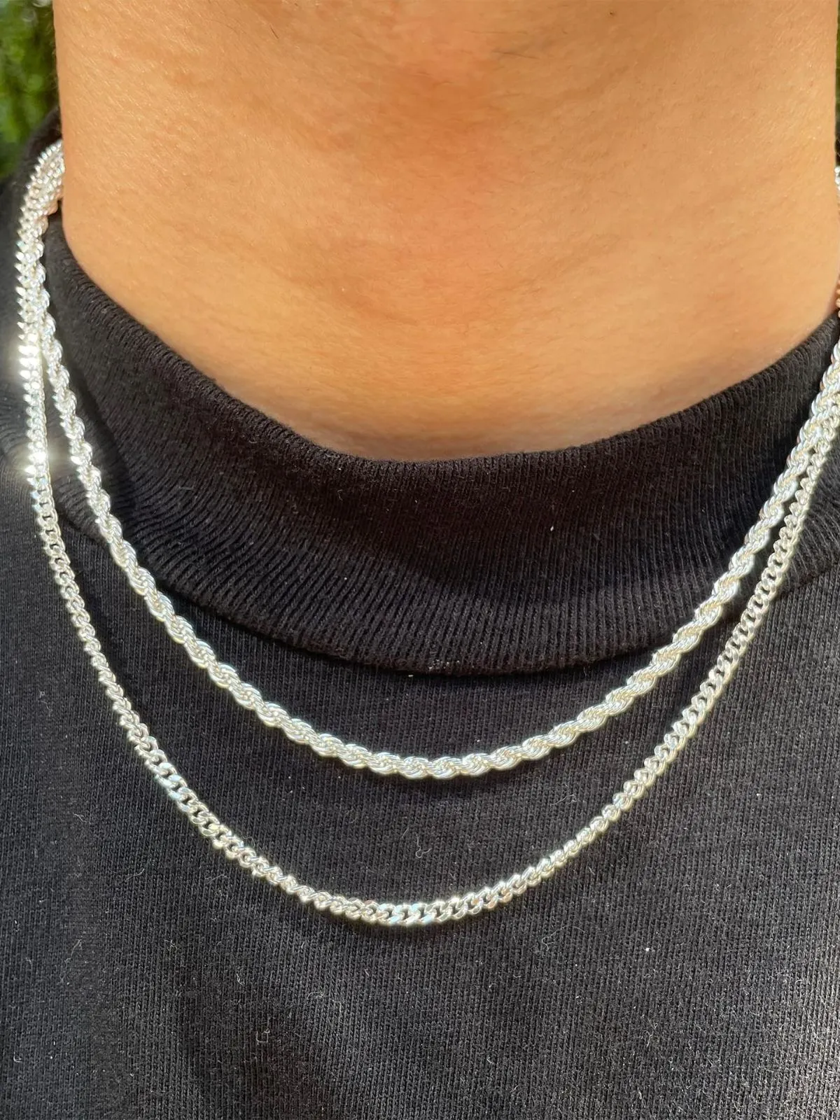 2pcs MEN Trendy 3mm Chain Layered Sterling Silver Cuban Link Rope Necklace , 7 of 8