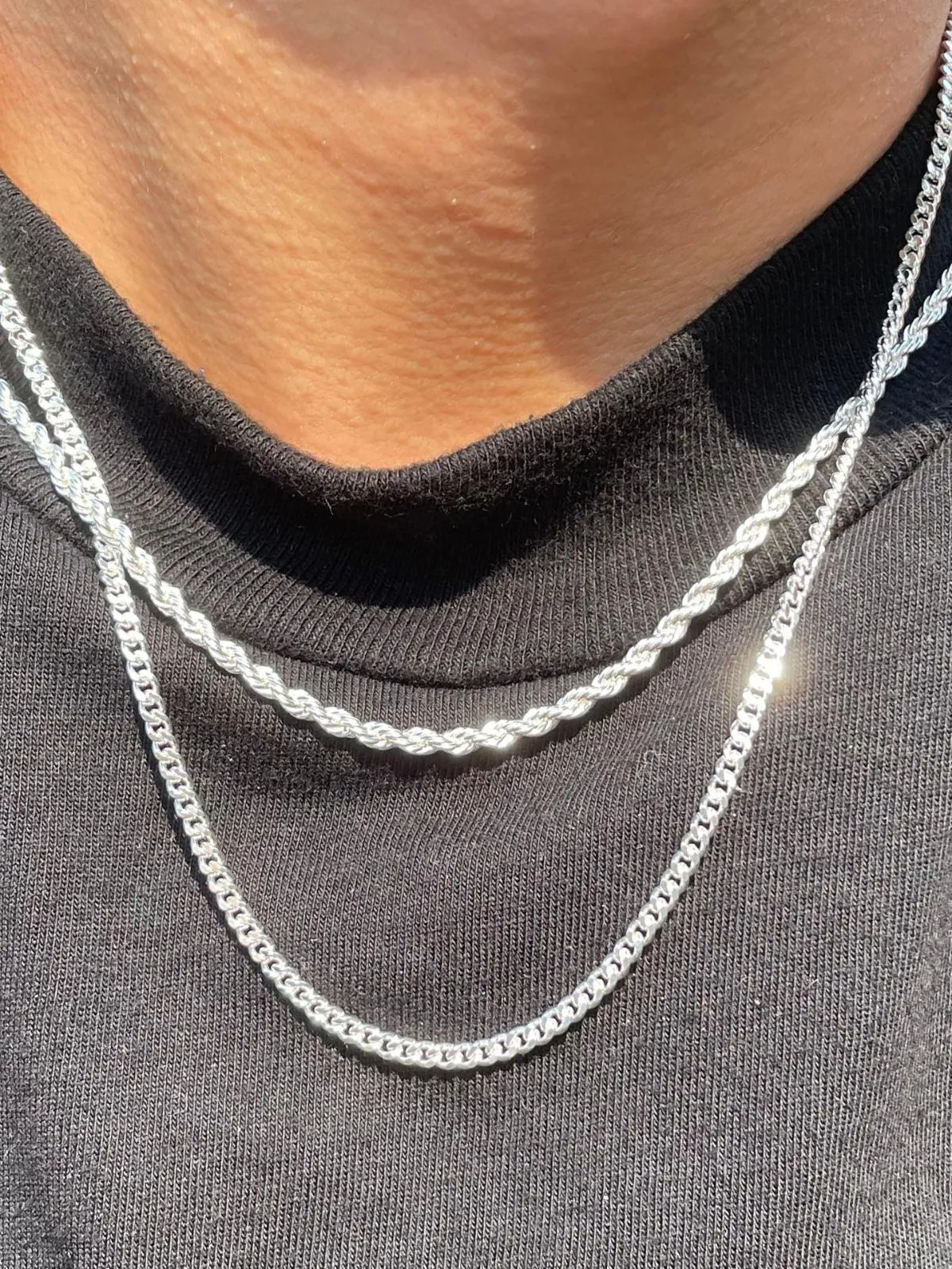 2pcs MEN Trendy 3mm Chain Layered Sterling Silver Cuban Link Rope Necklace , 8 of 8