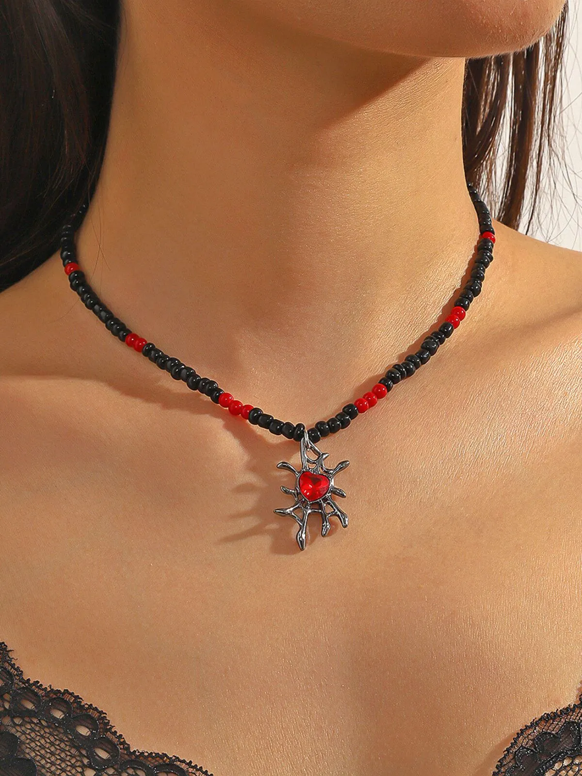 Halloween 1PC Gothic Black Alloy Spider Skull Pendant Stylish Victorian Steampunk Monochromatic Necklace , 2 of 6