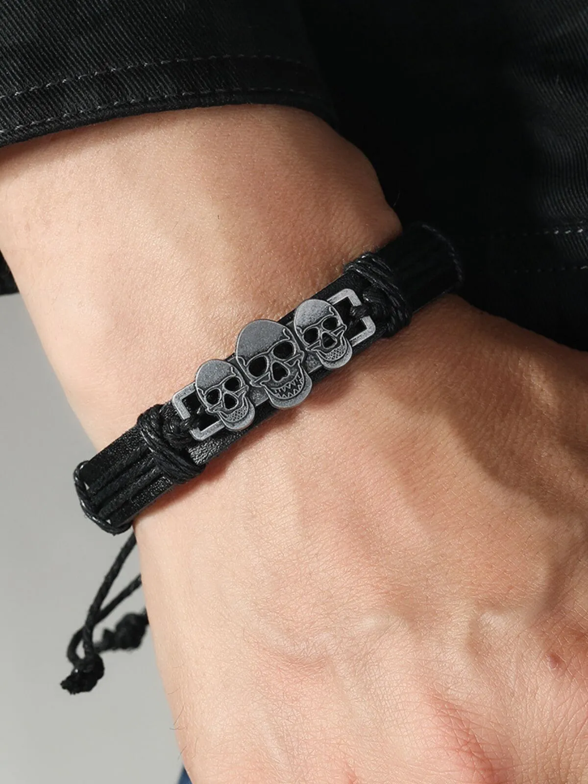 Halloween 1PC Adjustable Cord with 3 Skull Charms Faux Leather Bracelet, 1 of 5