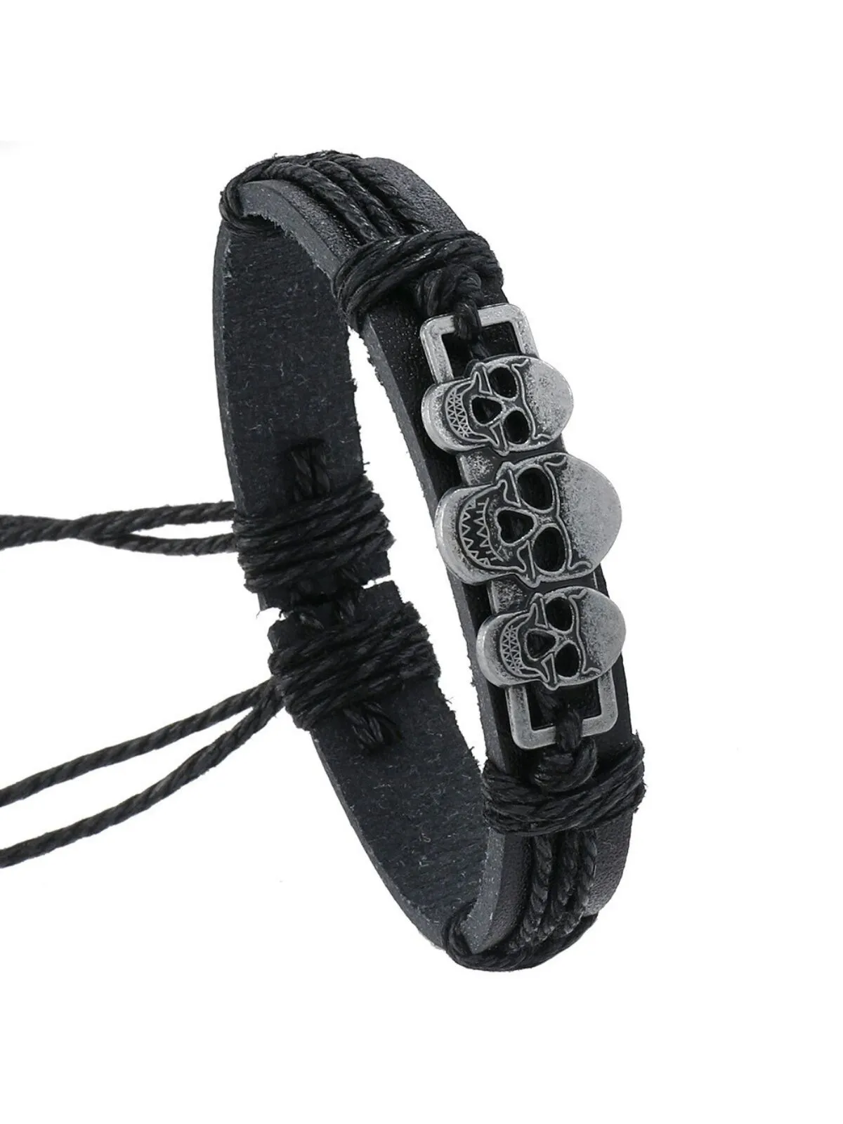 Halloween 1PC Adjustable Cord with 3 Skull Charms Faux Leather Bracelet, 2 of 5