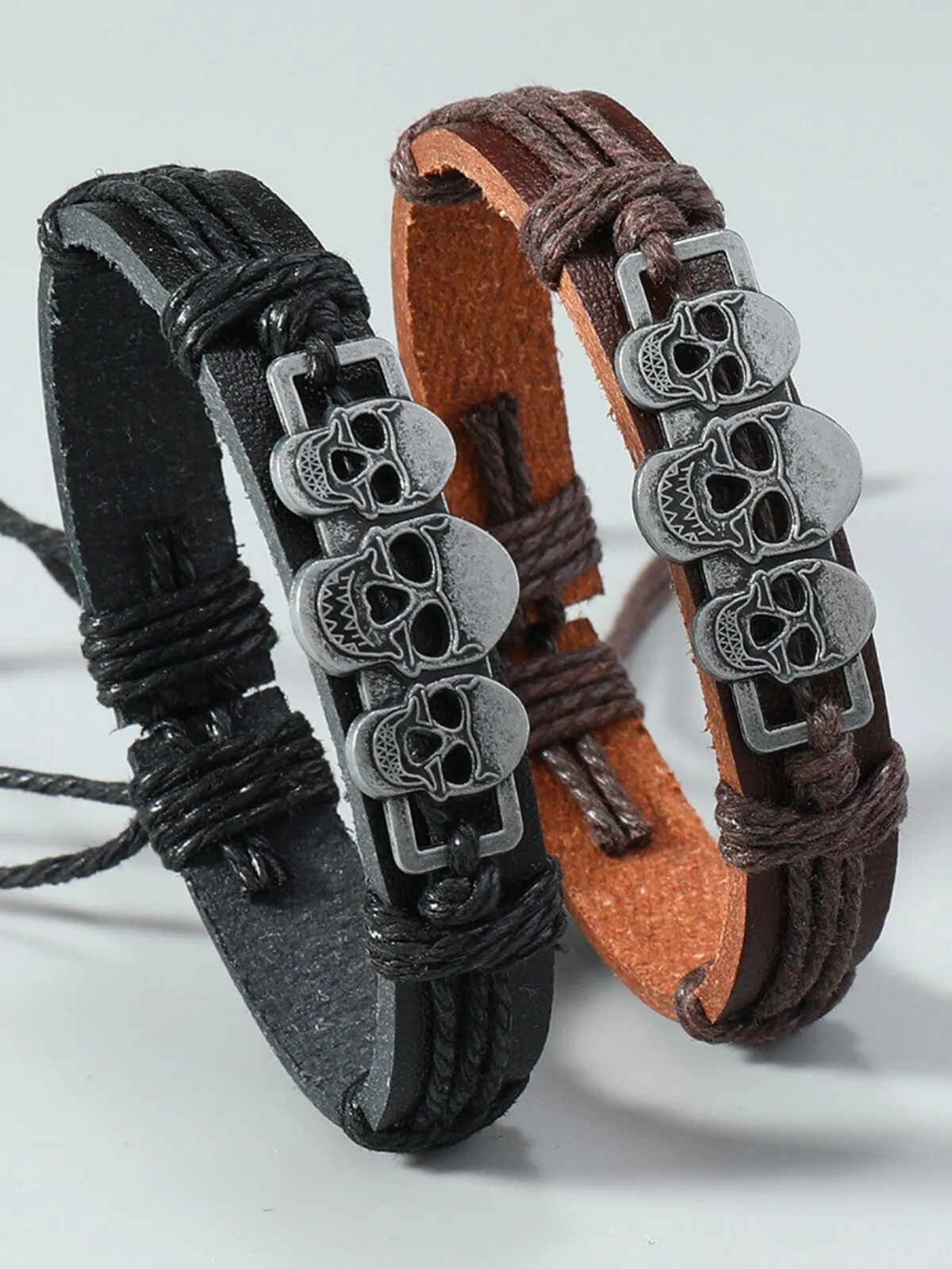 Halloween 1PC Adjustable Cord with 3 Skull Charms Faux Leather Bracelet, 4 of 5