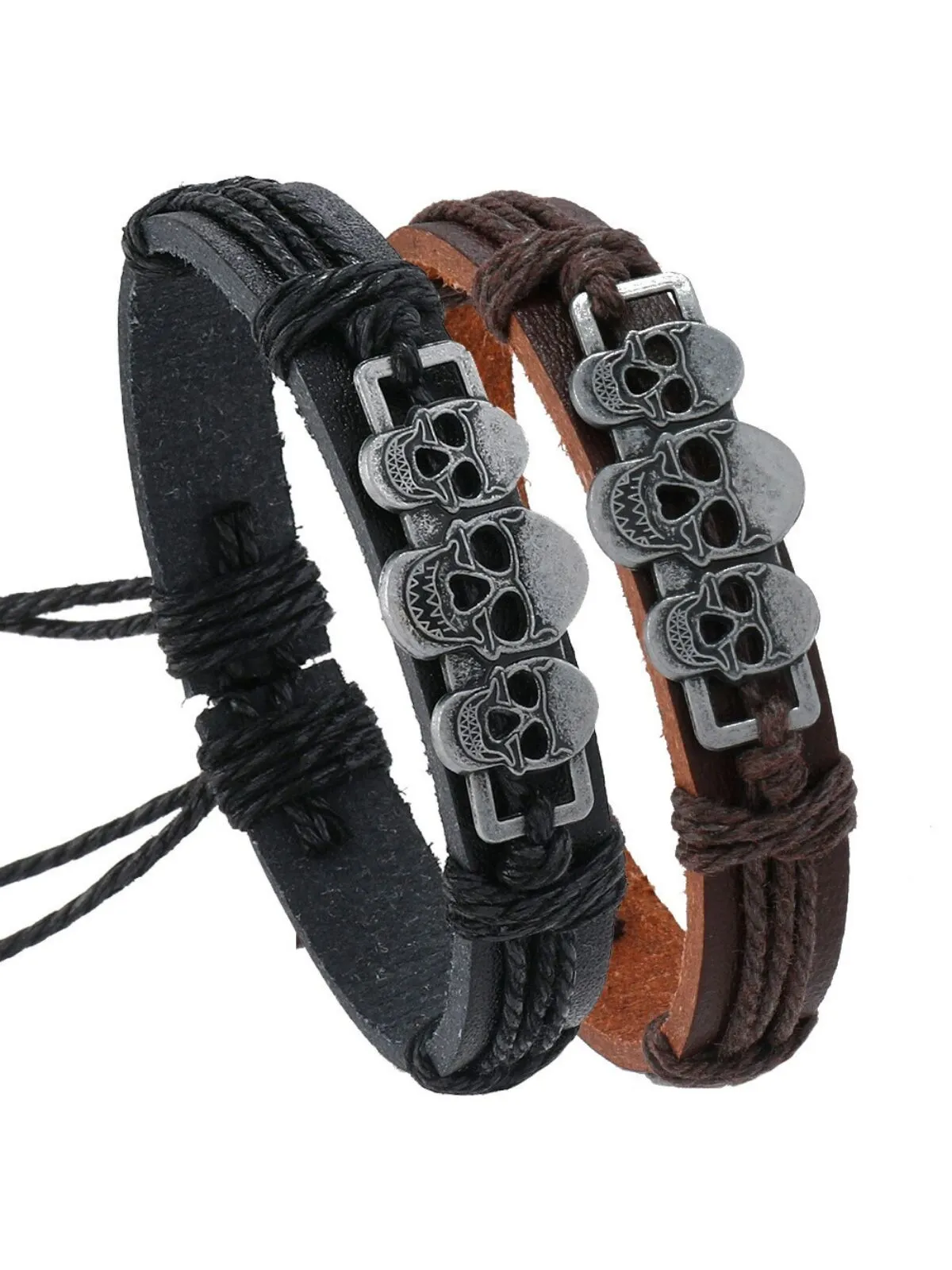 Halloween 1PC Adjustable Cord with 3 Skull Charms Faux Leather Bracelet, 5 of 5
