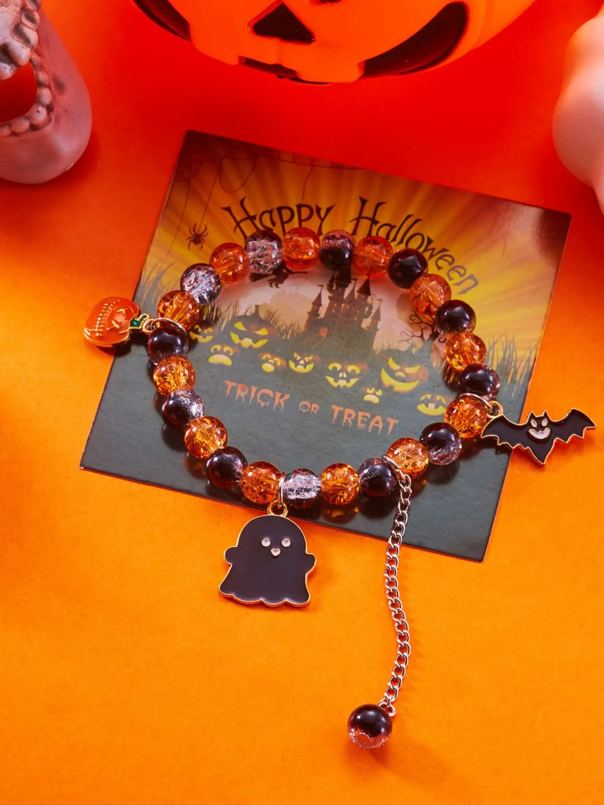 2PCS/Set Halloween Skull Pumpkin Ghost Charm Handmade Beaded Matching Couple Bangles Gothic Jewelry Gift Bracelets, 1 of 7