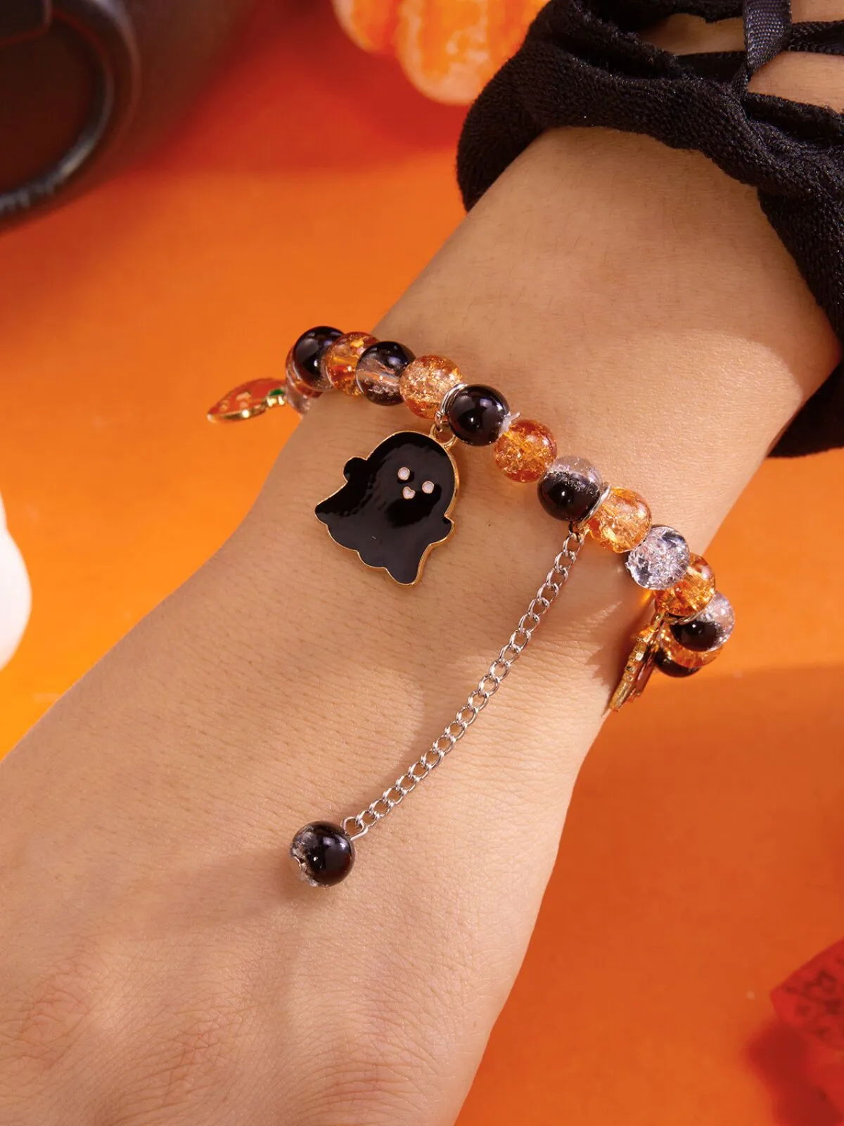 2PCS/Set Halloween Skull Pumpkin Ghost Charm Handmade Beaded Matching Couple Bangles Gothic Jewelry Gift Bracelets, 2 of 7