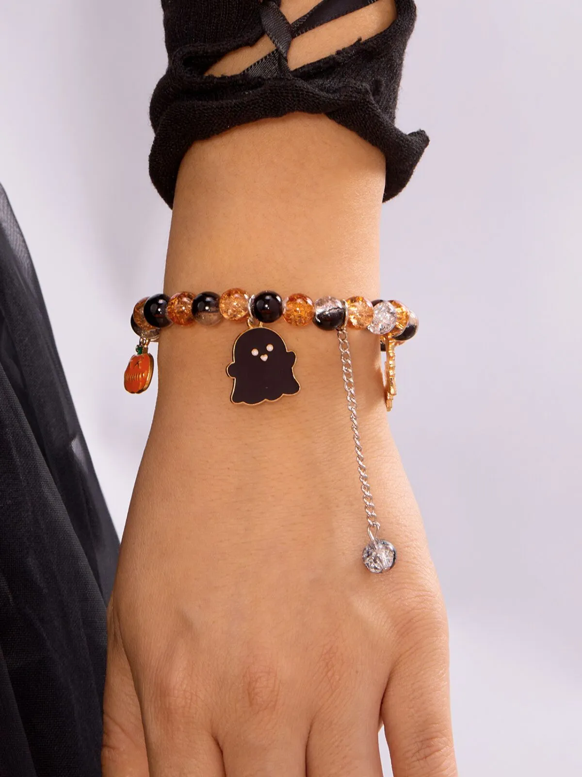 2PCS/Set Halloween Skull Pumpkin Ghost Charm Handmade Beaded Matching Couple Bangles Gothic Jewelry Gift Bracelets, 3 of 7