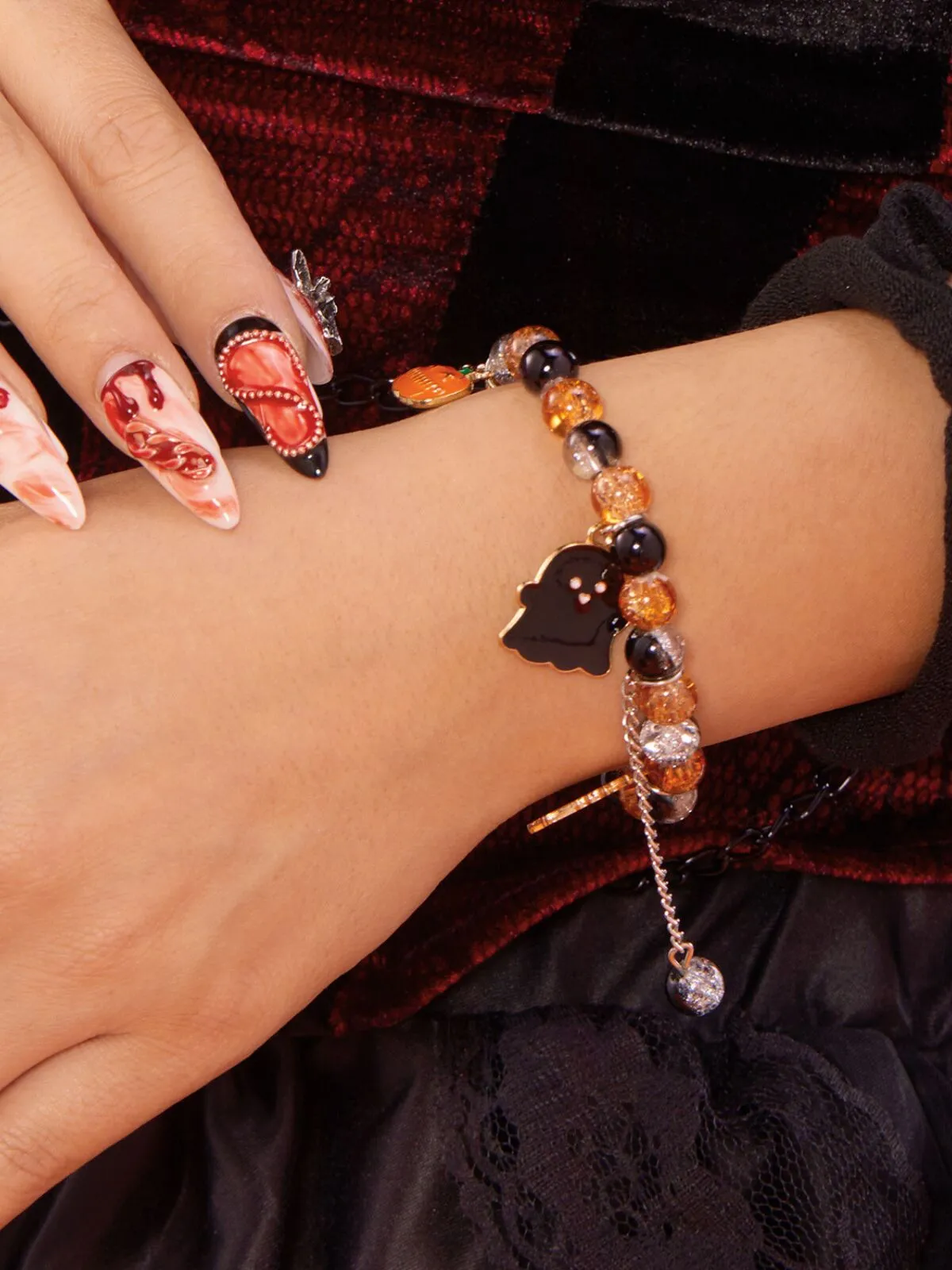 2PCS/Set Halloween Skull Pumpkin Ghost Charm Handmade Beaded Matching Couple Bangles Gothic Jewelry Gift Bracelets, 4 of 7