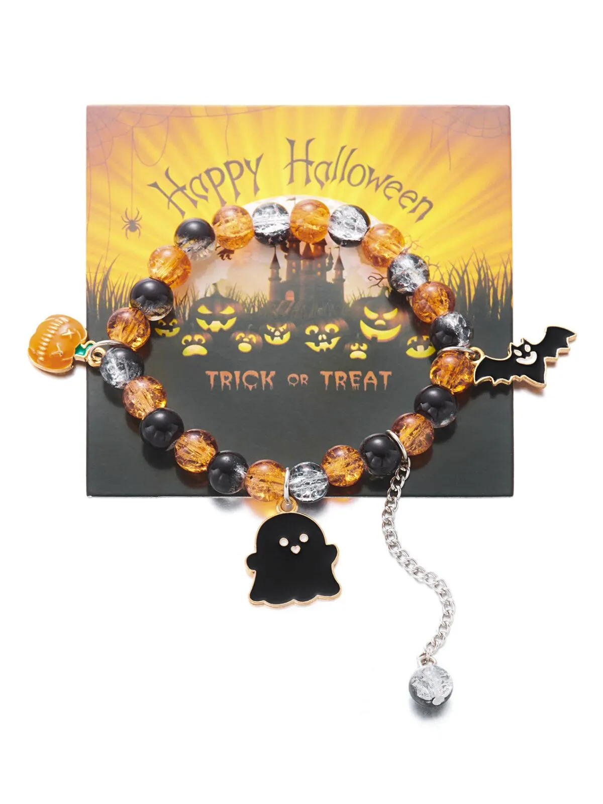 2PCS/Set Halloween Skull Pumpkin Ghost Charm Handmade Beaded Matching Couple Bangles Gothic Jewelry Gift Bracelets, 6 of 7