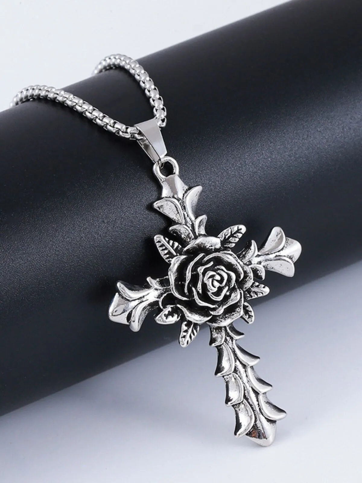 Halloween 1pc Rose Cross Pendant Stainless Steel Chain Punk Christmas Gifts Necklace, 1 of 6