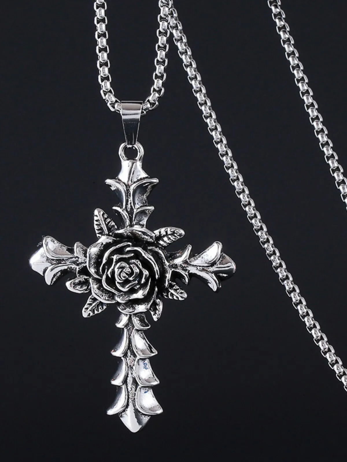 Halloween 1pc Rose Cross Pendant Stainless Steel Chain Punk Christmas Gifts Necklace, 3 of 6