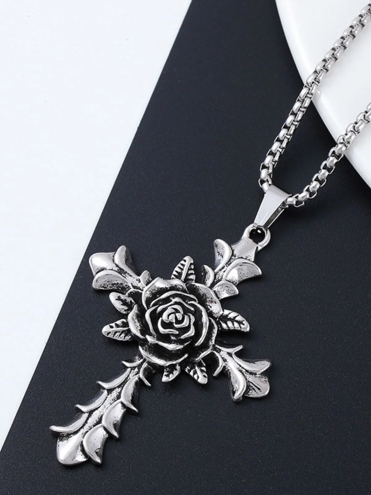 Halloween 1pc Rose Cross Pendant Stainless Steel Chain Punk Christmas Gifts Necklace, 4 of 6