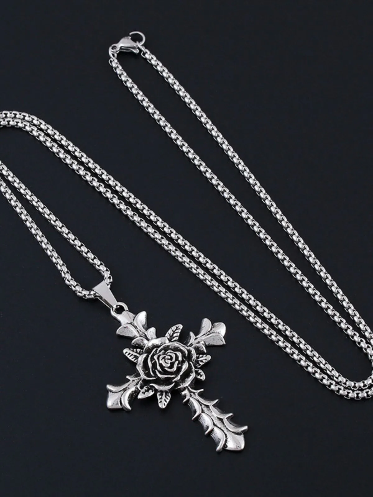 Halloween 1pc Rose Cross Pendant Stainless Steel Chain Punk Christmas Gifts Necklace, 5 of 6