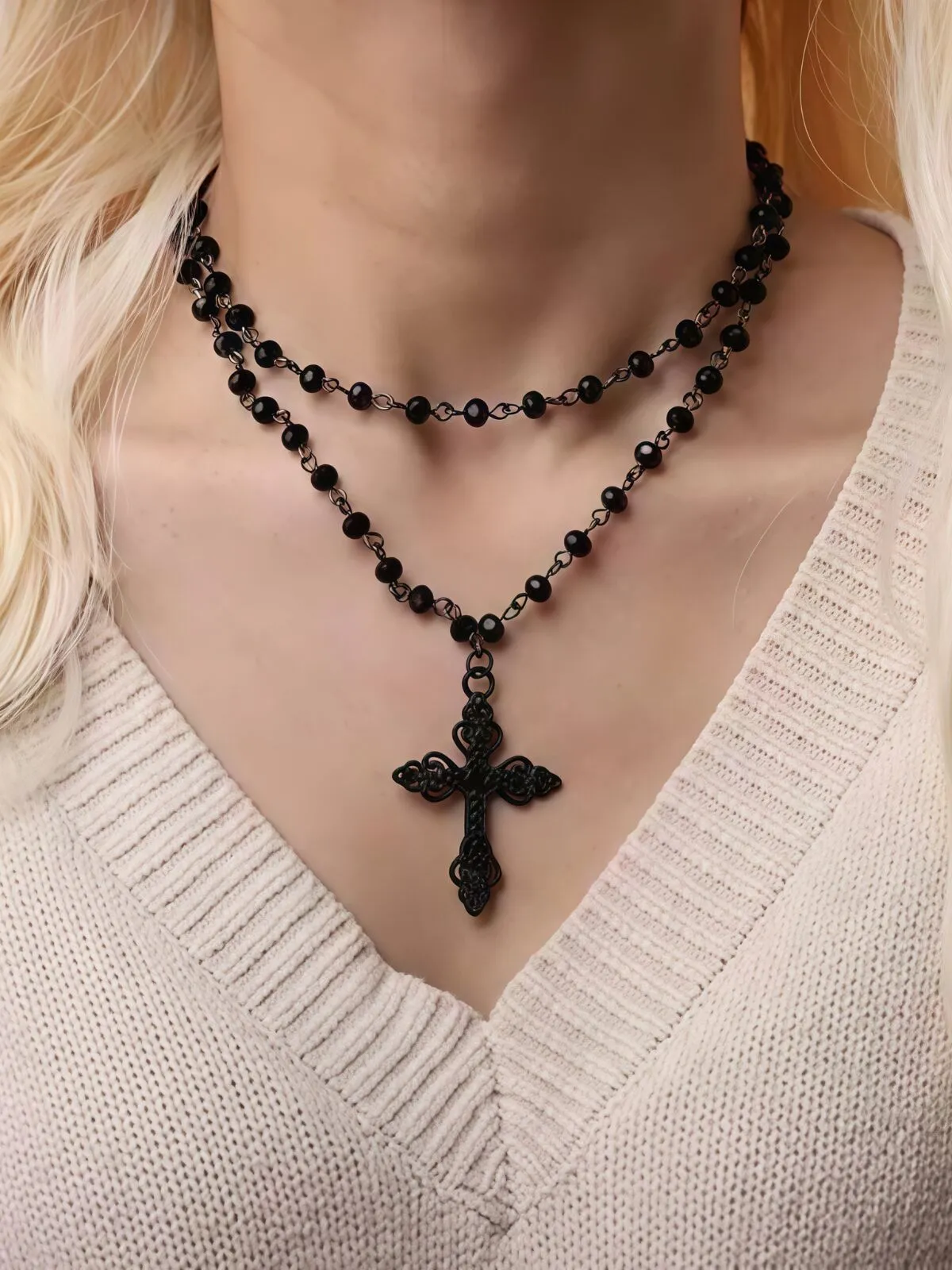 Halloween 1pc Gothic Y2K Beaded Cross Punk Black Necklace, 2 of 4