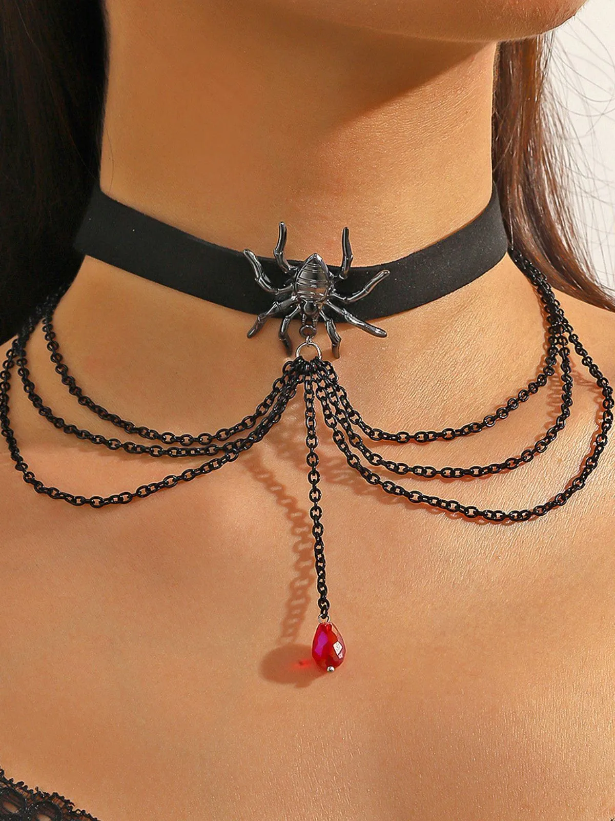Halloween 1PC Gothic Spider Classic Collar Ruby Pendant Jewelry Choker Necklace, 1 of 2