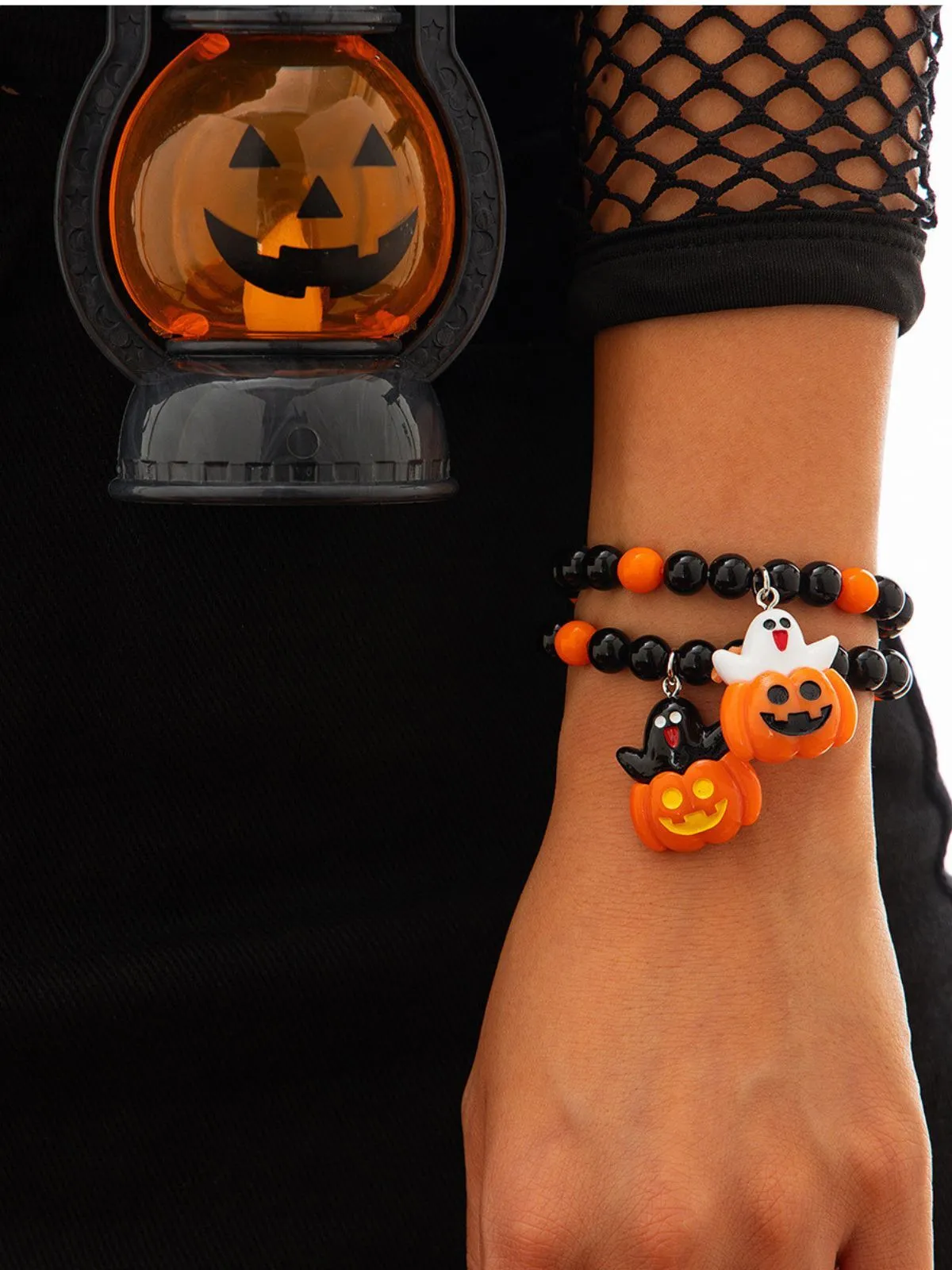 Halloween 2pcs Goth Fashionable and Cute Pumpkin and Ghost Beaded Friendship and Couple Gift Bracelet, 1 of 7