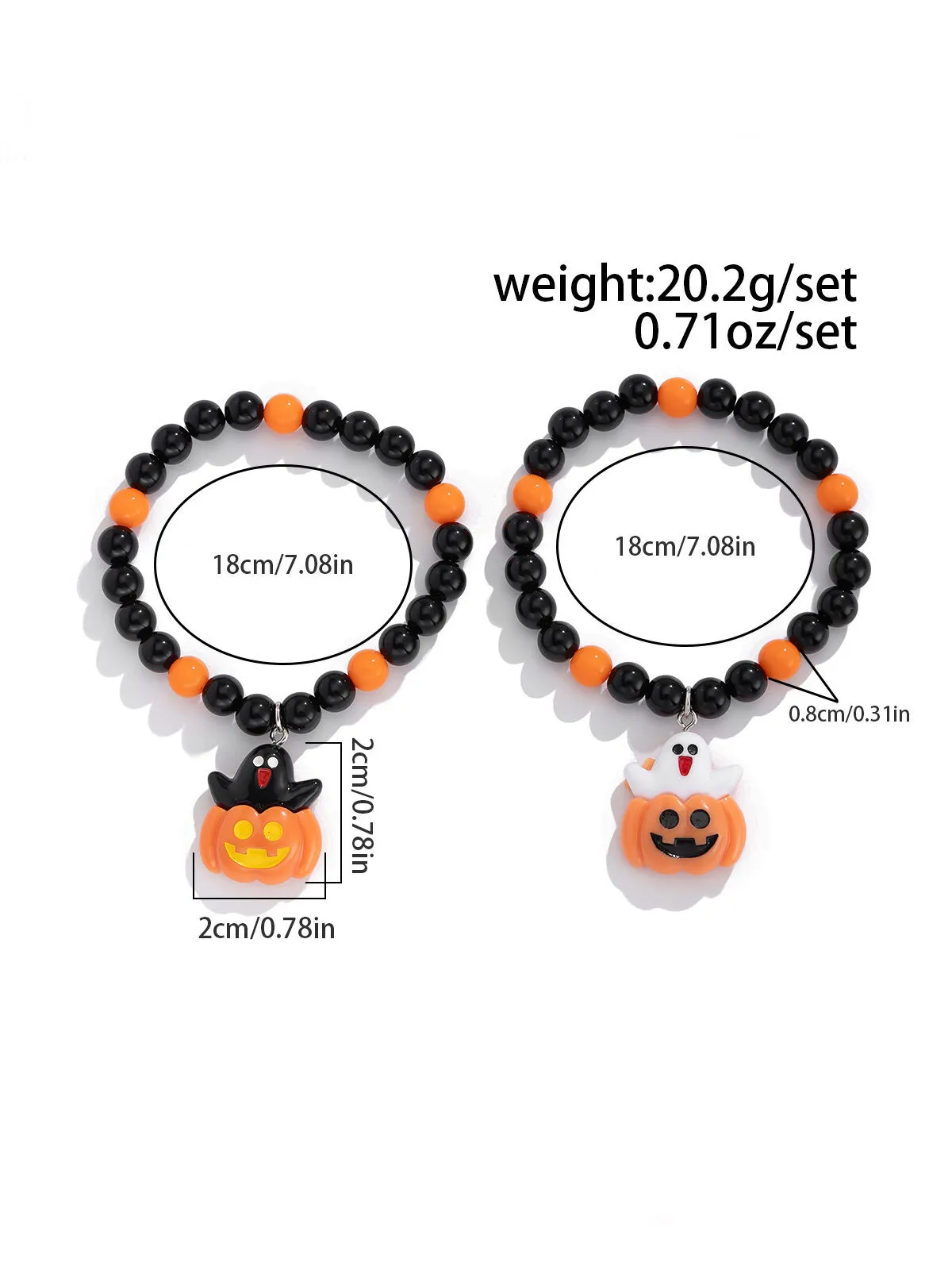 Halloween 2pcs Goth Fashionable and Cute Pumpkin and Ghost Beaded Friendship and Couple Gift Bracelet, 2 of 7