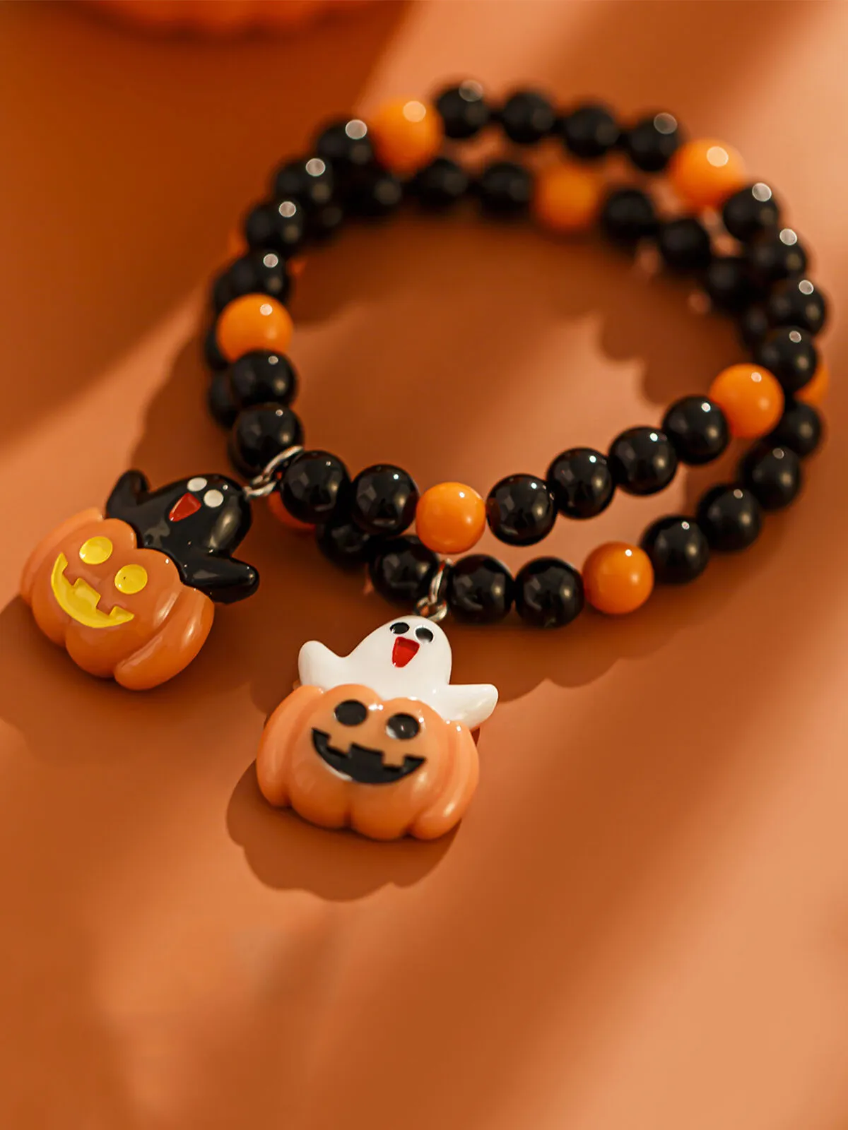 Halloween 2pcs Goth Fashionable and Cute Pumpkin and Ghost Beaded Friendship and Couple Gift Bracelet, 5 of 7