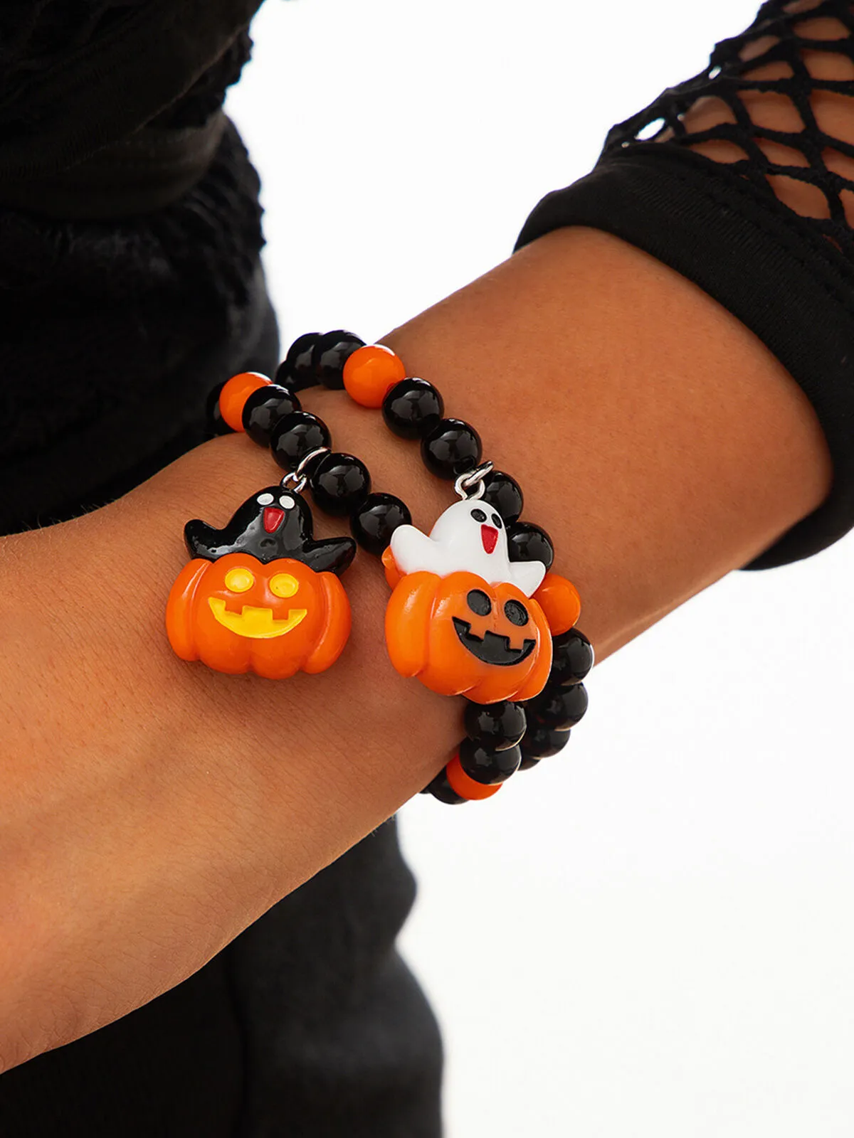 Halloween 2pcs Goth Fashionable and Cute Pumpkin and Ghost Beaded Friendship and Couple Gift Bracelet, 7 of 7