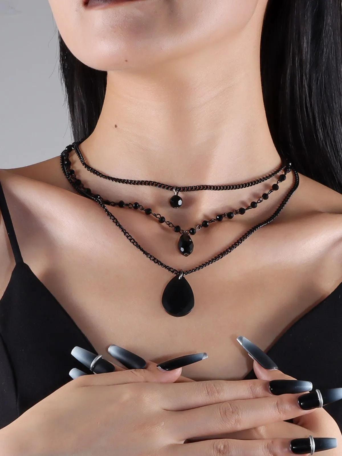 Halloween 1pc Black Metal Edgy Teardrop Pendant Gothic Triple Layer Chain Necklace, 1 of 2