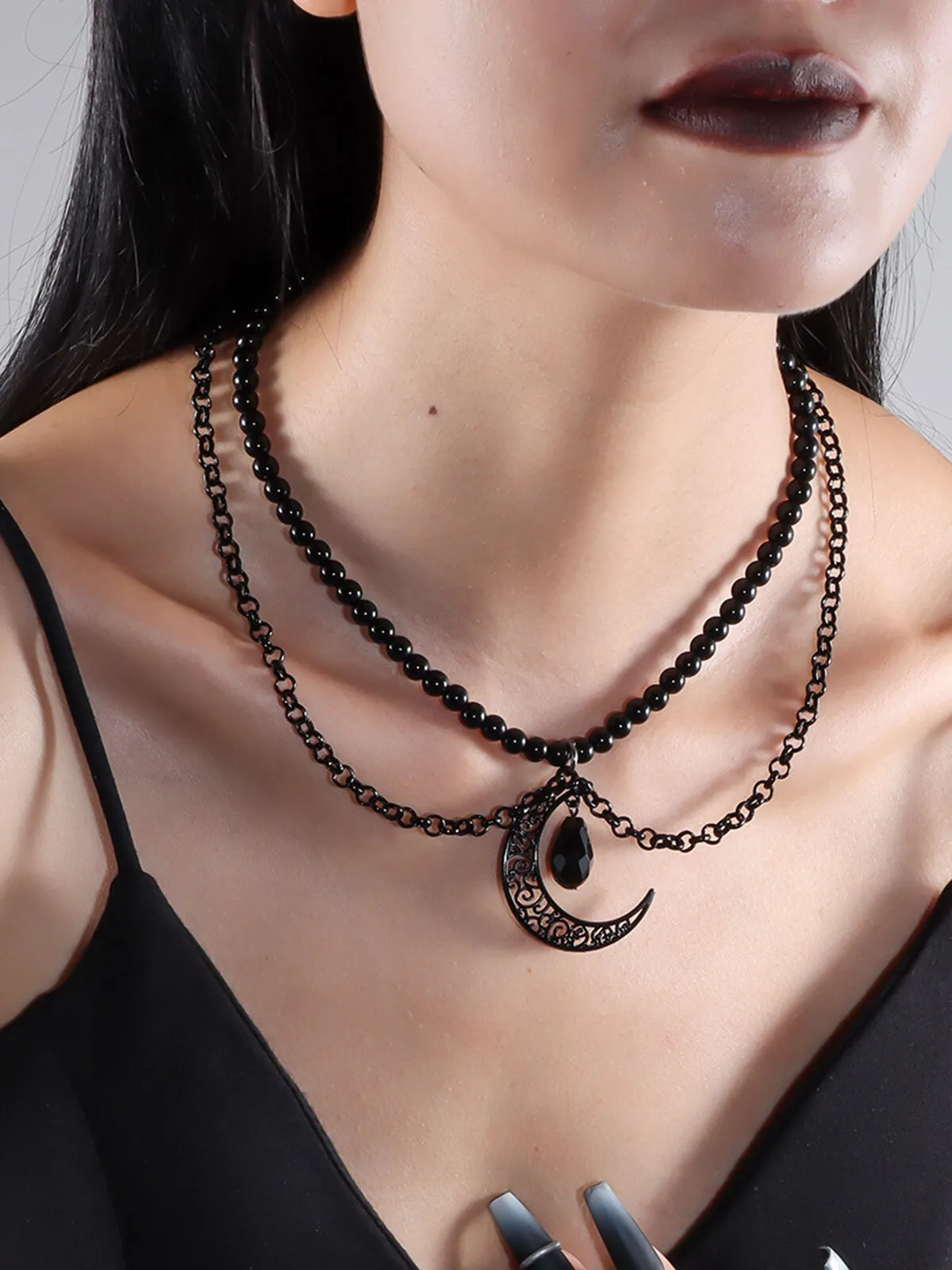 Halloween 1pc Black Moon Crystal Gothic Witch Choker Necklace, 3 of 10