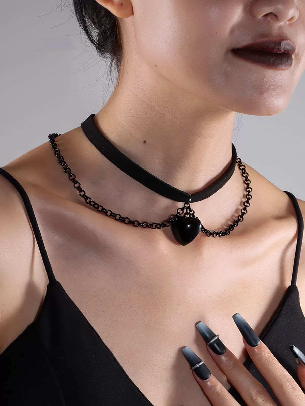 Halloween 1pc Gothic Style Personalized Leather Choker Multi-Layered Chain Tassel Heart-Shaped Pendant Necklace, 4 of 8