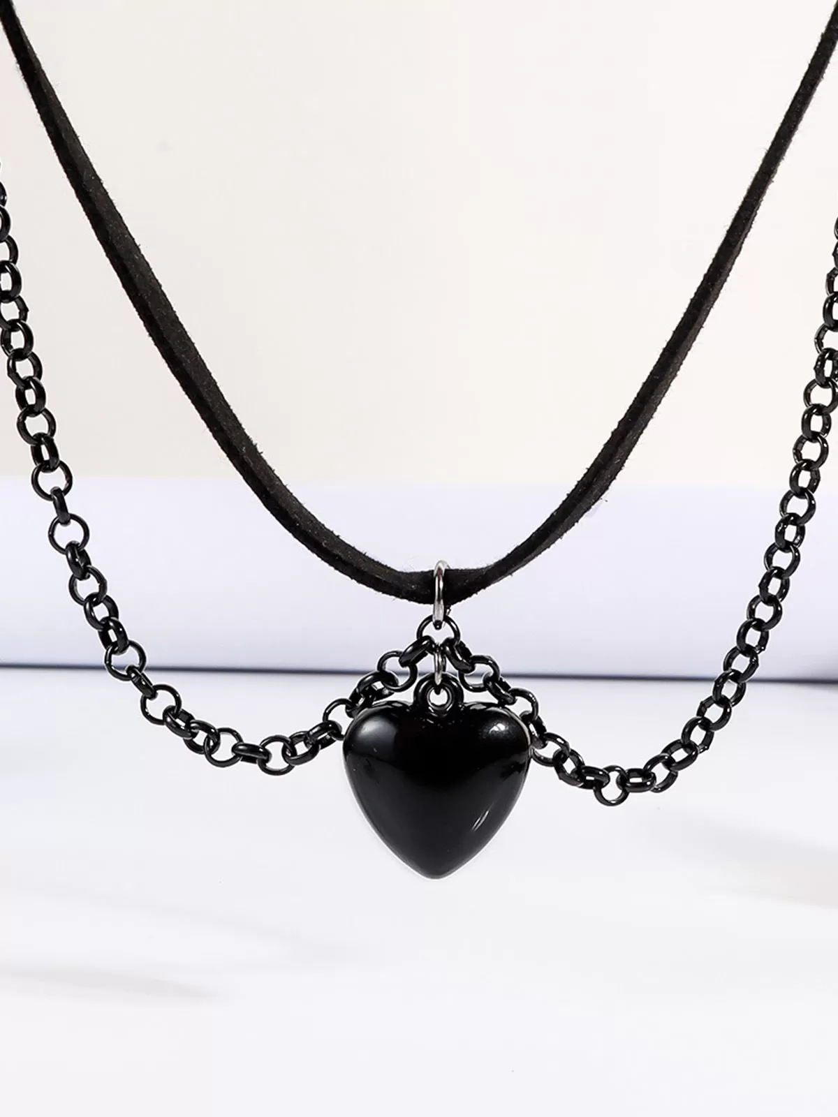Halloween 1pc Gothic Style Personalized Leather Choker Multi-Layered Chain Tassel Heart-Shaped Pendant Necklace, 6 of 8