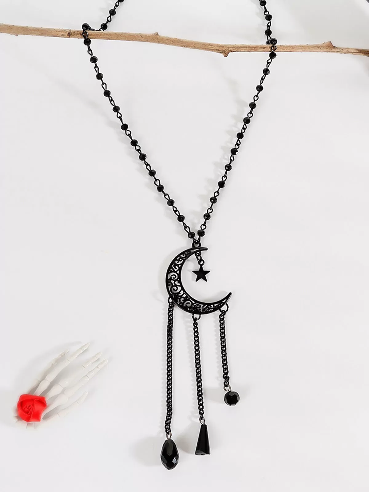 Halloween 1pc Hippie Fashionable Simple Moon Shaped Rhinestone Tassel Pendant Necklace, 5 of 9