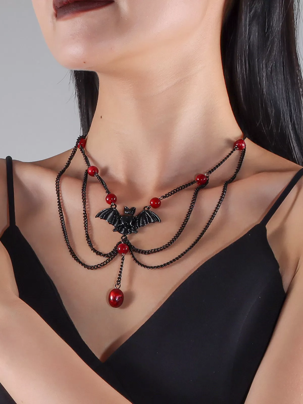 Halloween 1pc Gothic Multilayer Red Beads Bat Necklace, 1 of 8